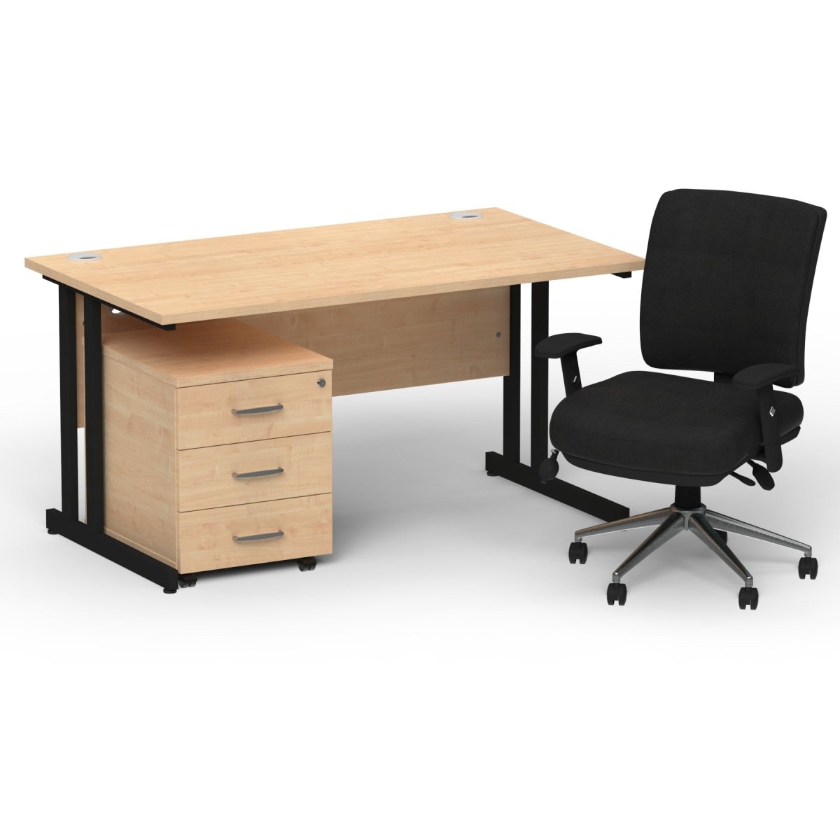 impulse-140mm-cantilever-straight-desk-with-mobile-pedestal-and-chiro-operator-chair Dynamic  White Desk Black Leg