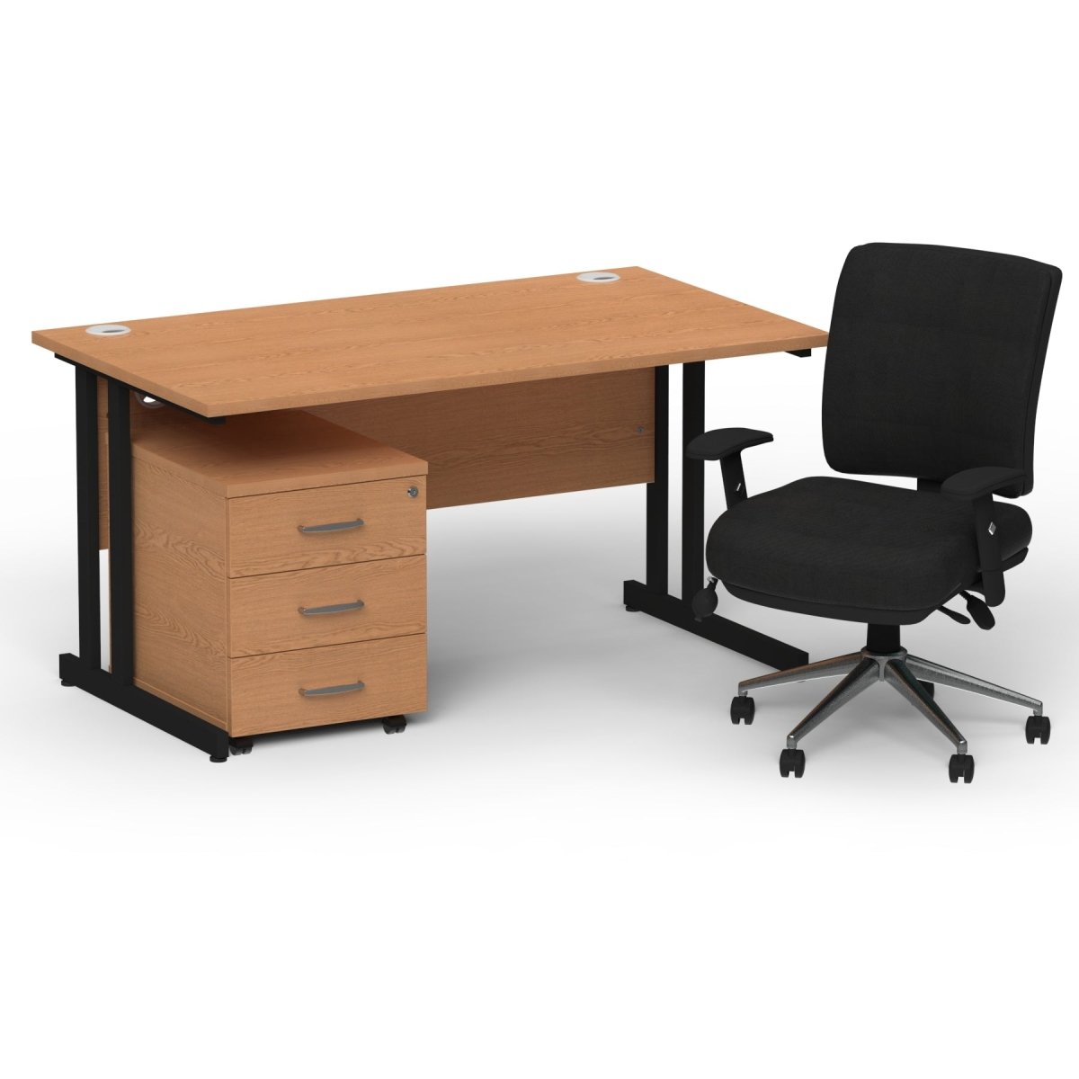 impulse-120mm-cantilever-straight-desk-with-mobile-pedestal-and-chiro-operator-chair Dynamic  Grey Oak Desk Black Leg