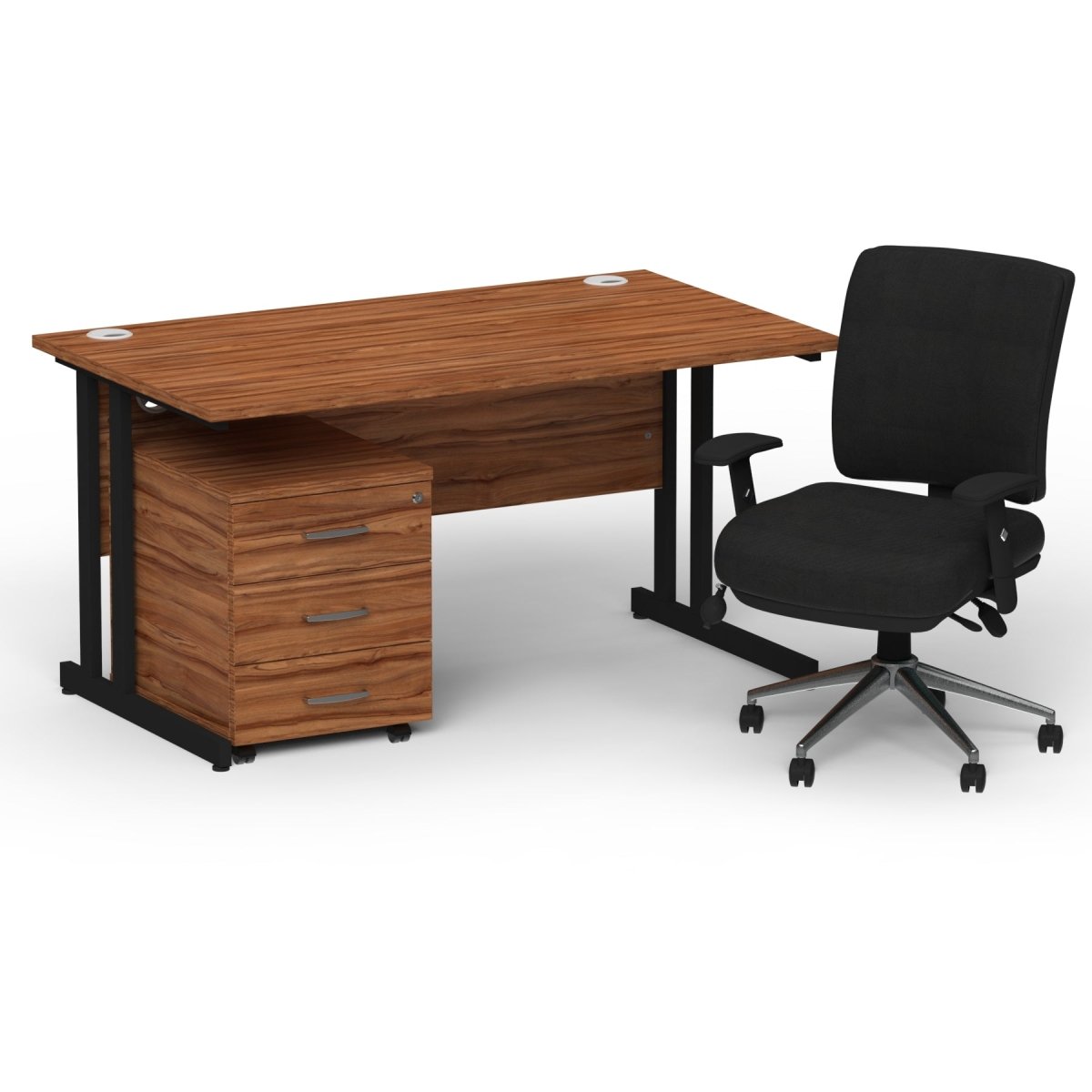 impulse-140mm-cantilever-straight-desk-with-mobile-pedestal-and-chiro-operator-chair Dynamic  Beech Desk Black Leg