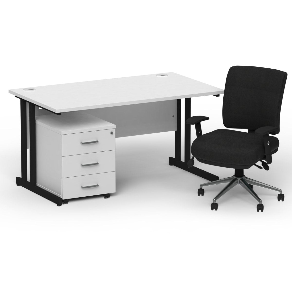 impulse-140mm-cantilever-straight-desk-with-mobile-pedestal-and-chiro-operator-chair Dynamic  Maple Desk Black Leg