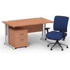 Office Desk Impulse  140cm Cantilever Straight DeskMobile Pedestal and Chiro Chair Silver Colour Beech