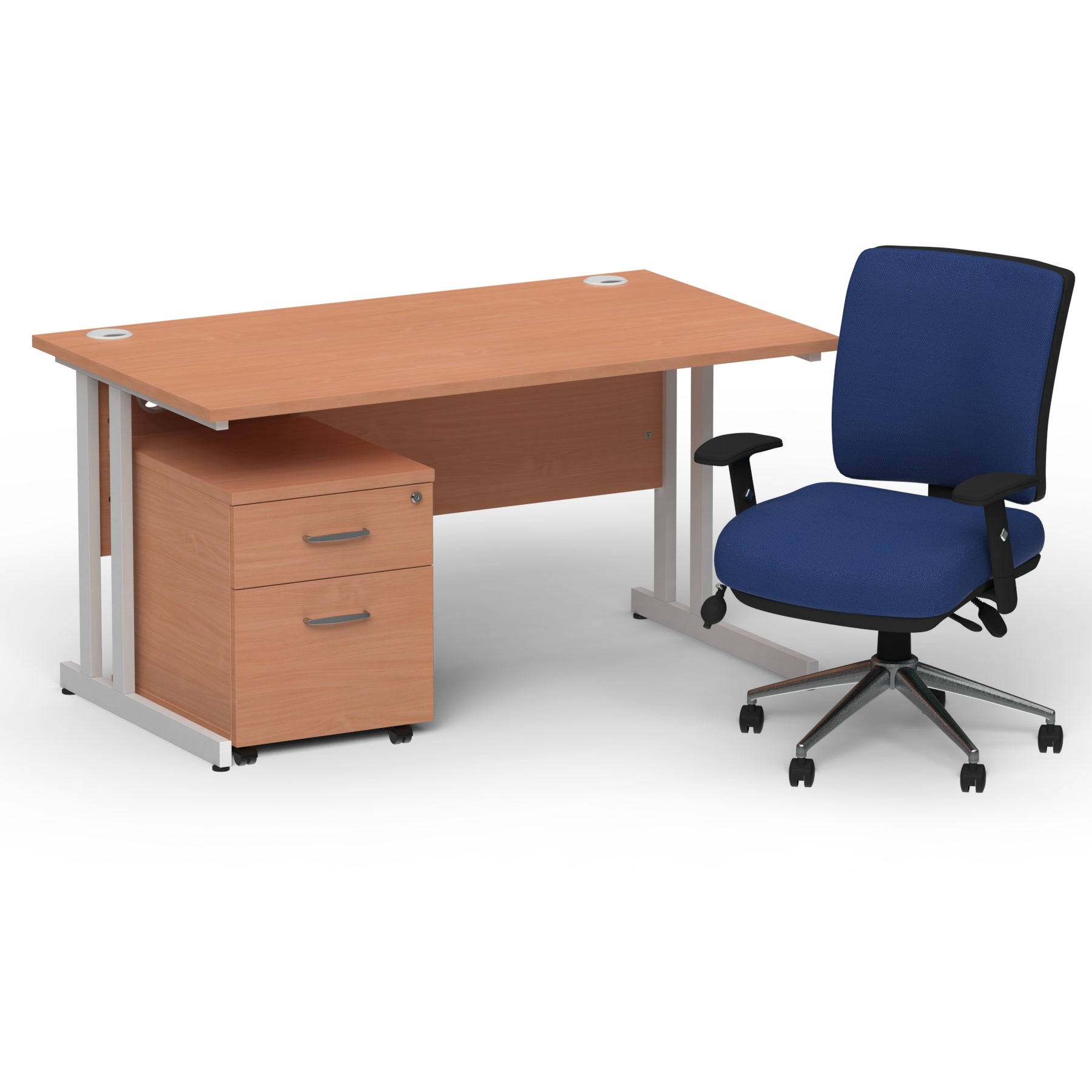 Office Desk Impulse  140cm Cantilever Straight DeskMobile Pedestal and Chiro Chair Silver Colour Beech