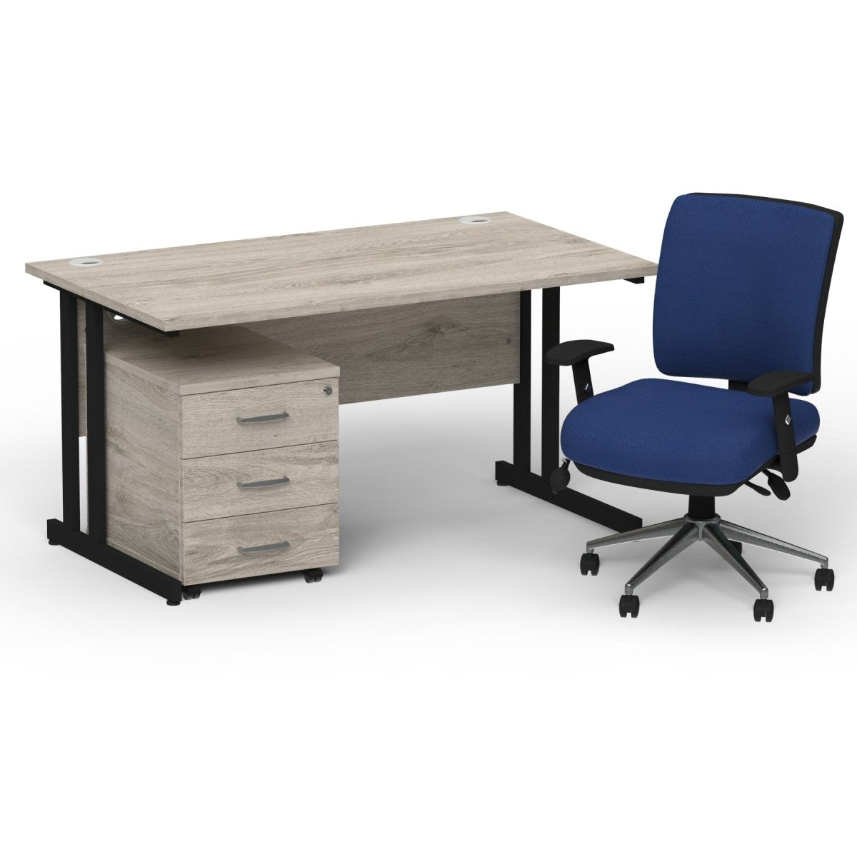 impulse-140mm-cantilever-straight-desk-with-mobile-pedestal-andoperator-chair Dynamic  Black Grey Oak