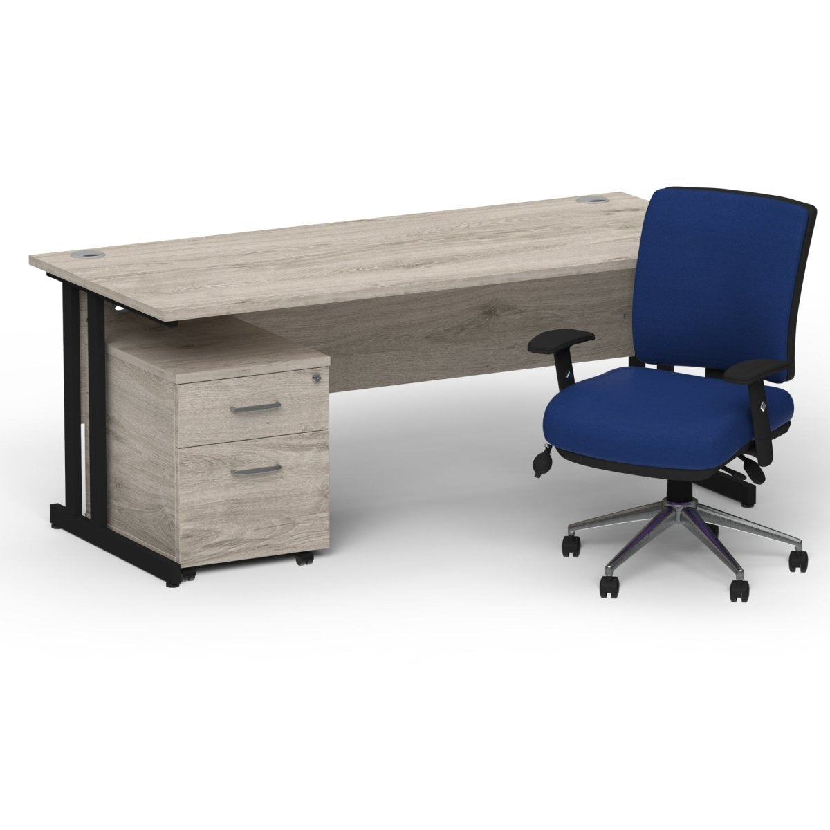 impulse-160mm-cantilever-straight-desk-with-mobile-pedestal-andoperator-chair Dynamic  Black Grey Oak