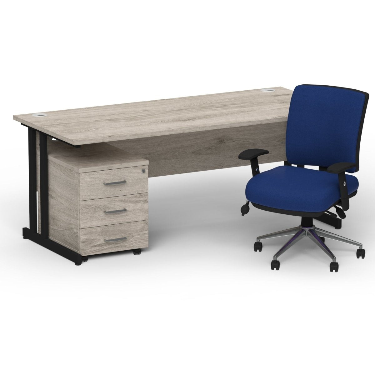impulse-160mm-cantilever-straight-desk-with-mobile-pedestal-andoperator-chair Dynamic  Black Grey Oak