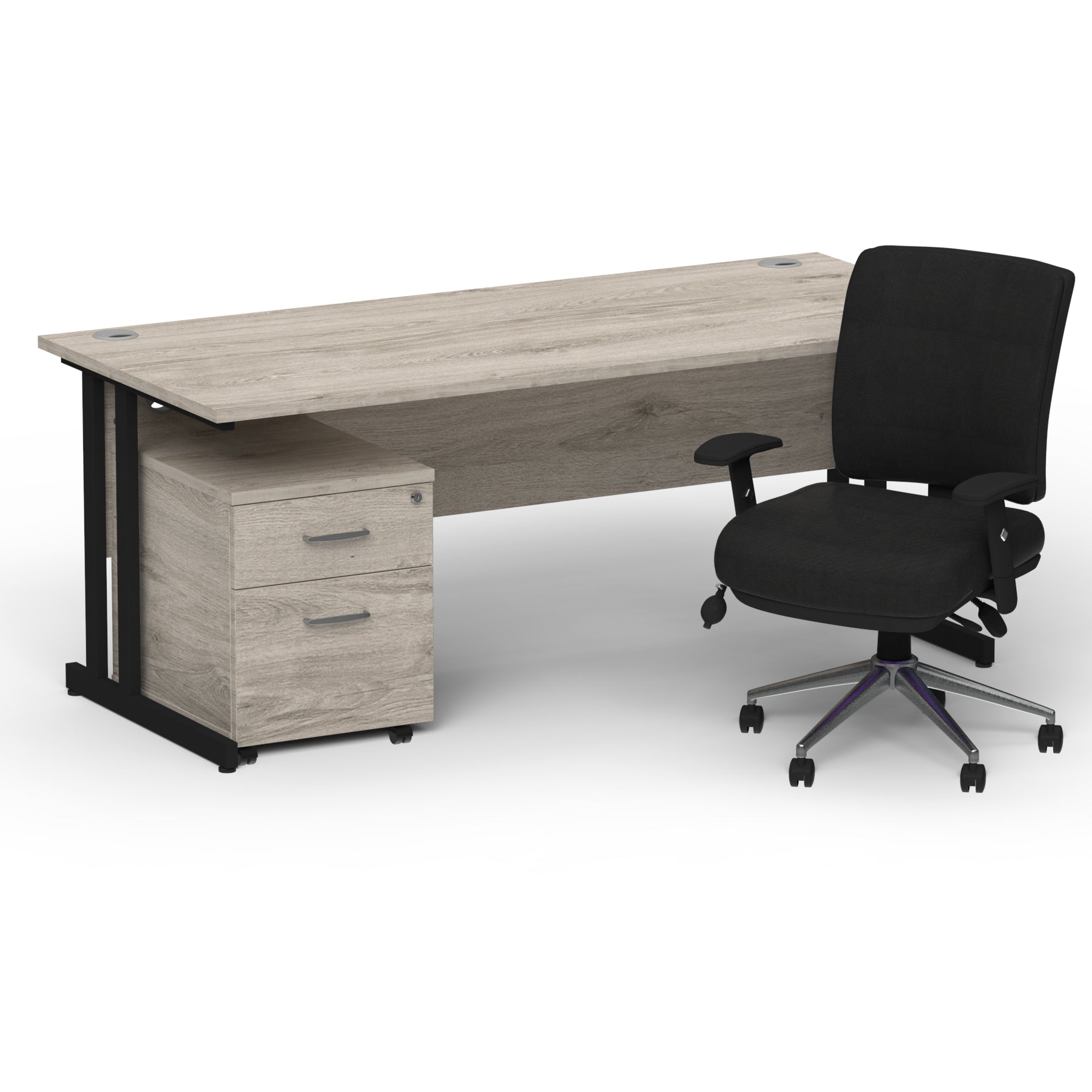 impulse-180mm-cantilever-straight-desk-with-mobile-pedestal-and-chiro-operator-chair Dynamic  Black Grey Oak 