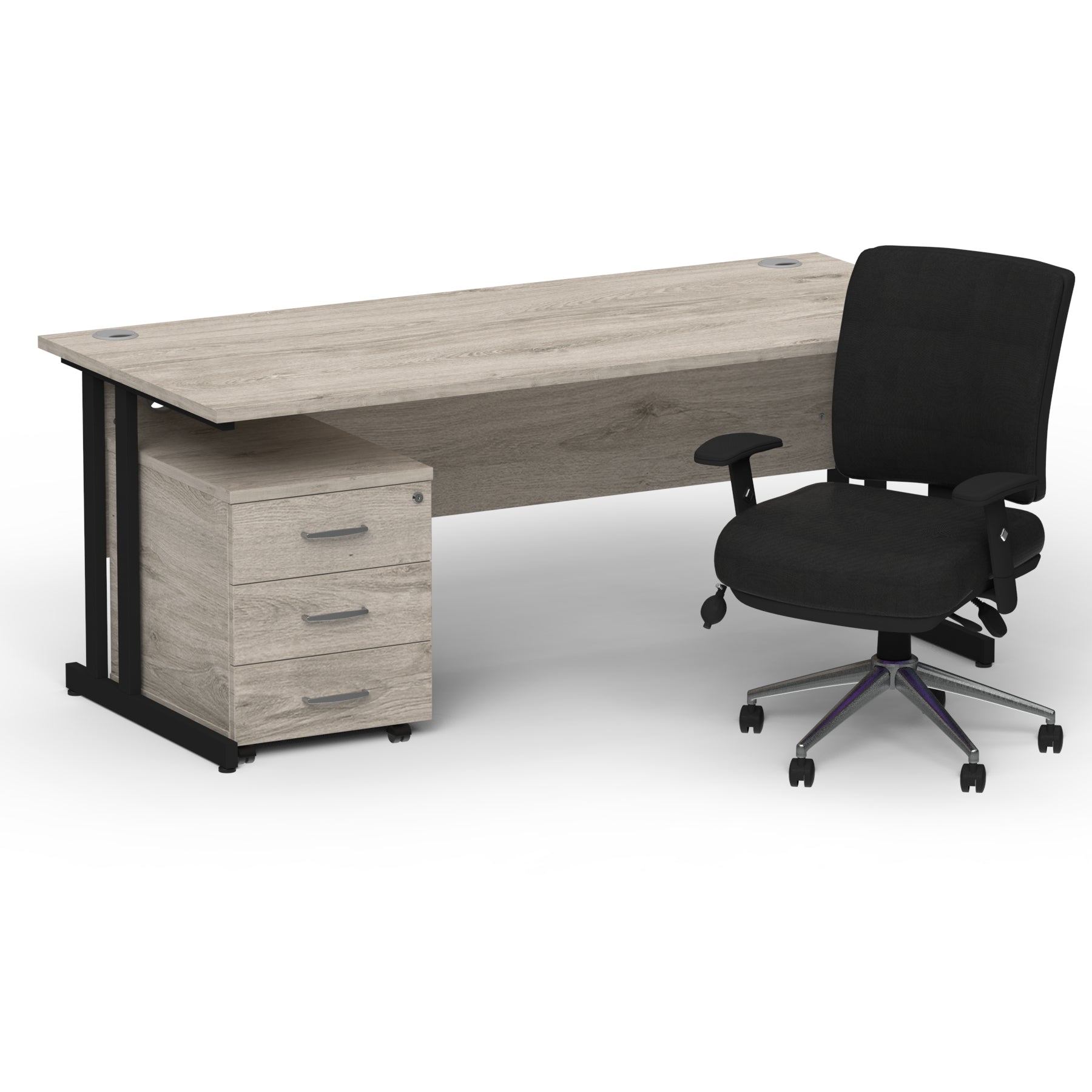 impulse-180mm-cantilever-straight-desk-with-mobile-pedestal-and-chiro-operator-chair Dynamic  Black Grey Oak 