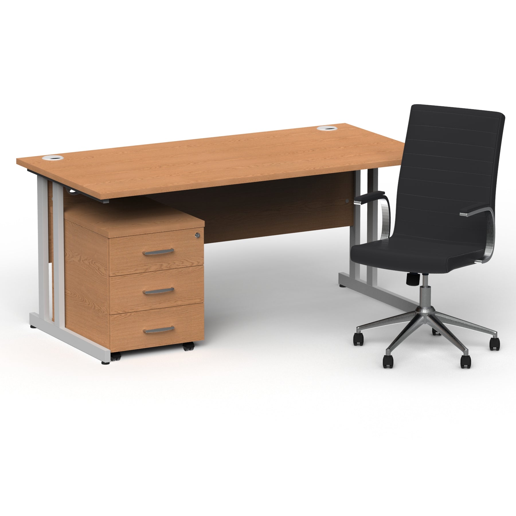 impulse-160mm-cantilever-straight-desk-with-mobile-pedestal-and-ezra-black-executive-chair Dynamic  Silver Colour Oak 