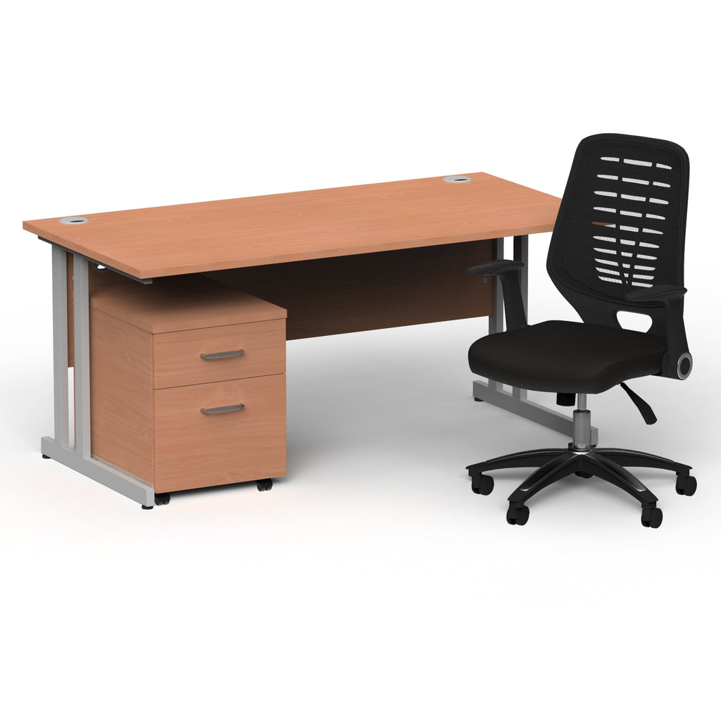 Office Desk Impulse  160cm Cantilever Desk Mobile Pedestal Relay Black Back Operator Chair Silver Beech 