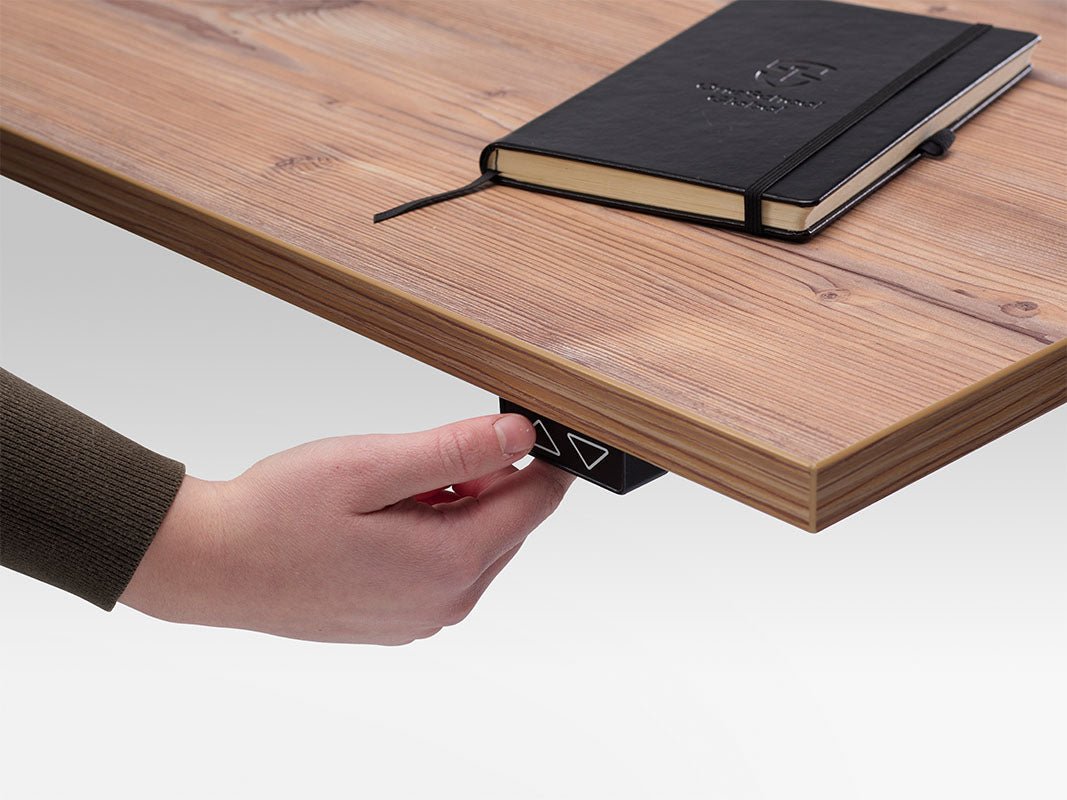 Height Adjustable Runda Sit Stand Lavoro Design Desk 160cm wide 80cm Deep  Anthracite Oak leg White