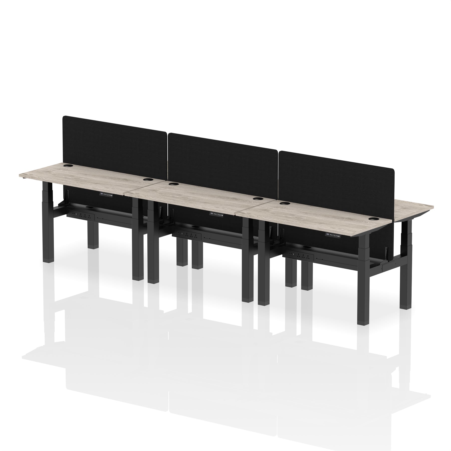 Air Back-to-Back Height Adjustable Bench Desk - 6 Person Black Screen dynamic  Desk Top  Grey Oak Width 120cm