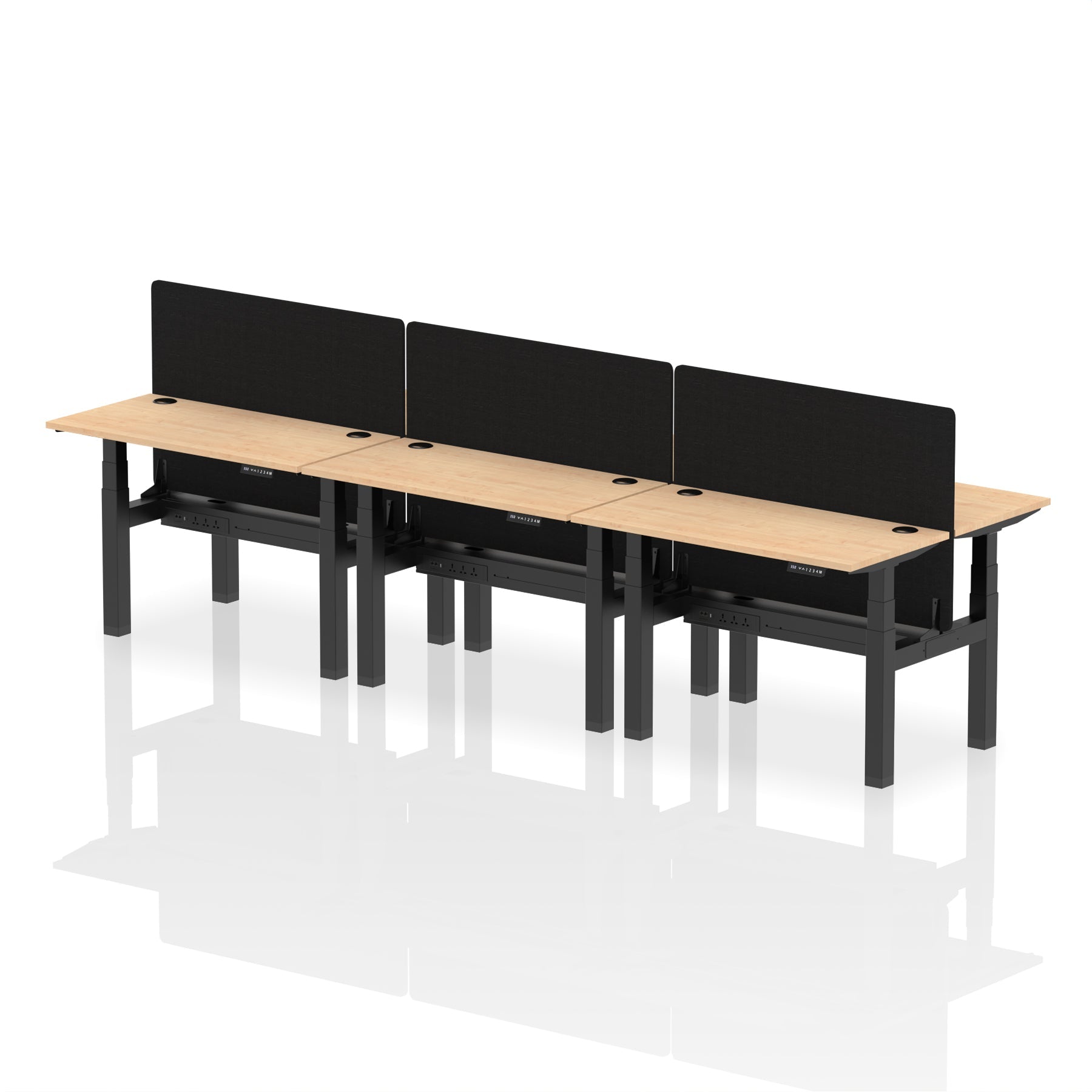 Air Back-to-Back Height Adjustable Bench Desk - 6 Person Black Screen dynamic  Desk Top  Maple Width 120cm