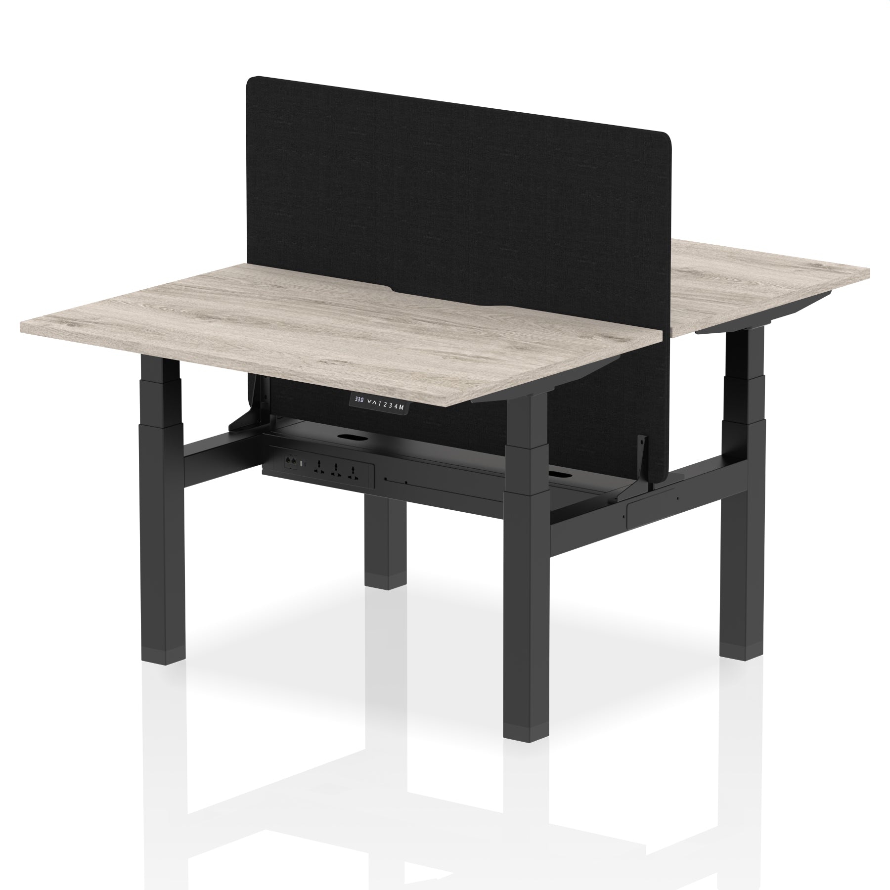 Air Back-to-Back curve Edge Height Adjustable Bench Desk - 2 Person Black Screen dynamic  Desk Top  Grey Oak Width 120cm