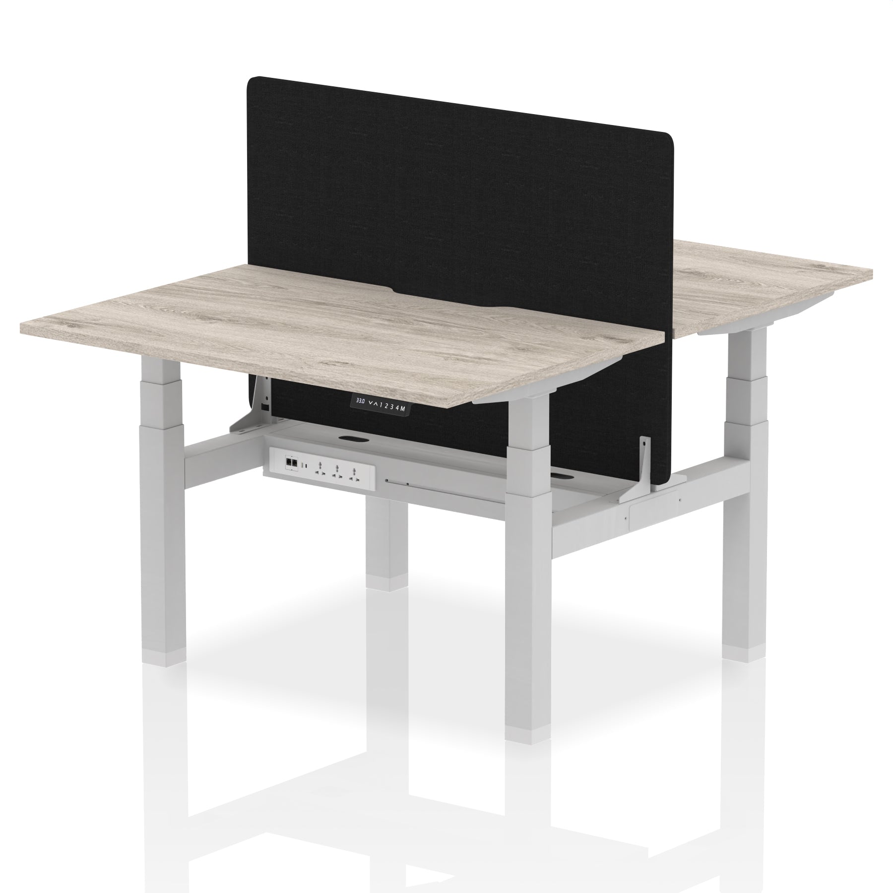 Air Back-to-Back curve Edge Height Adjustable Bench Desk - 2 Person Black Screen dynamic  Desk Top  Grey Oak Width 120cm