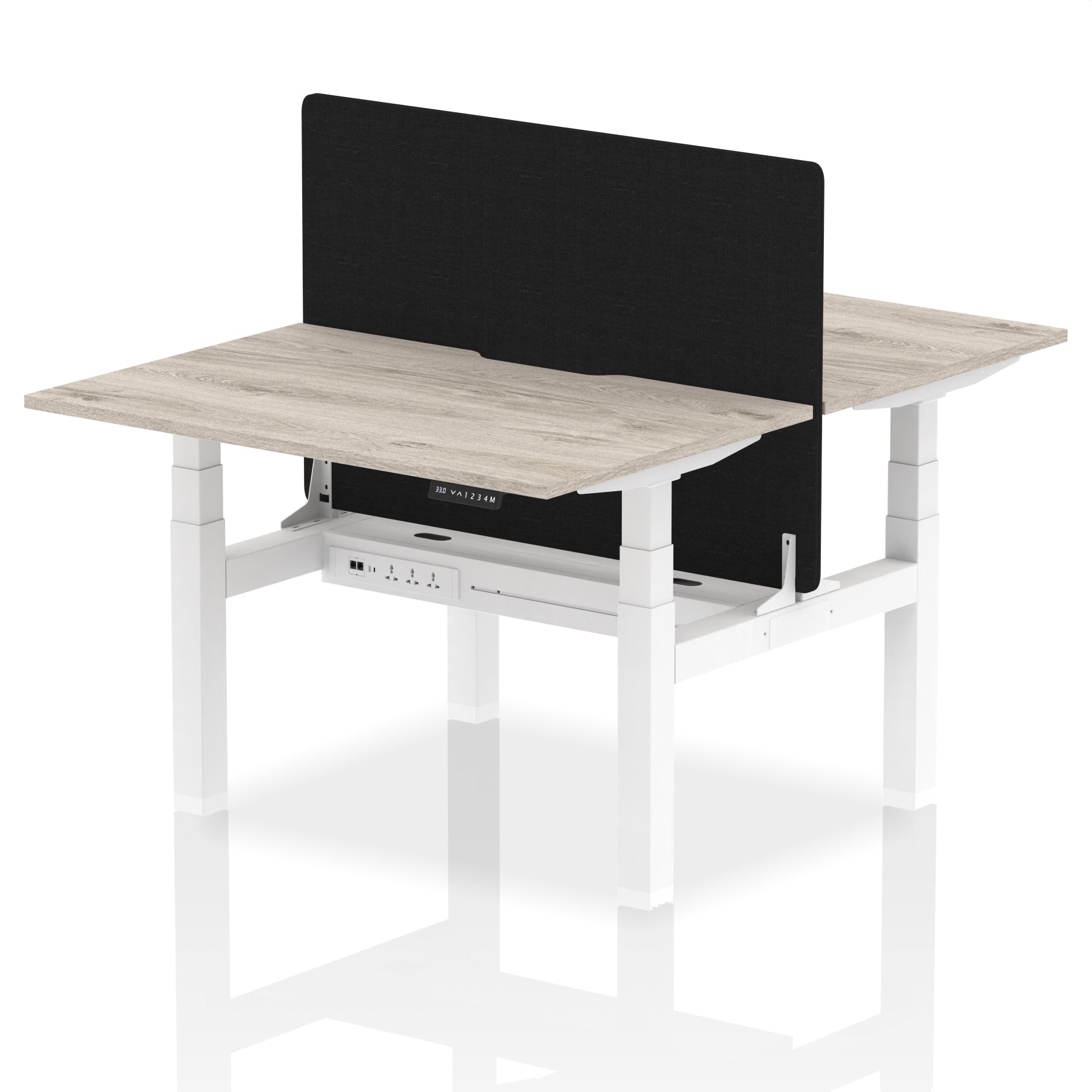 Air Back-to-Back curve Edge Height Adjustable Bench Desk - 2 Person Black Screen dynamic  Desk Top  Grey Oak Width 120cm