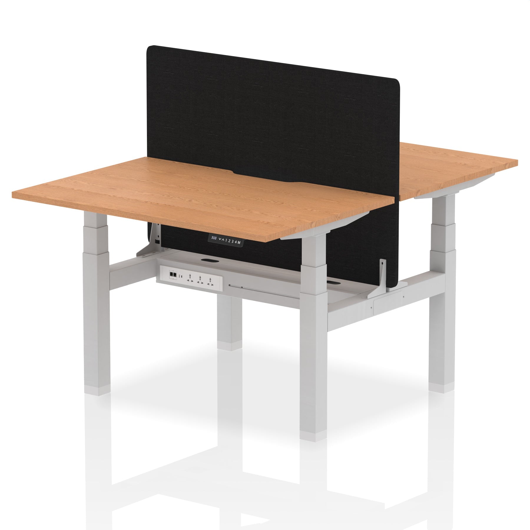 Air Back-to-Back curve Edge Height Adjustable Bench Desk - 2 Person Black Screen dynamic  Desk Top  Oak Width 120cm