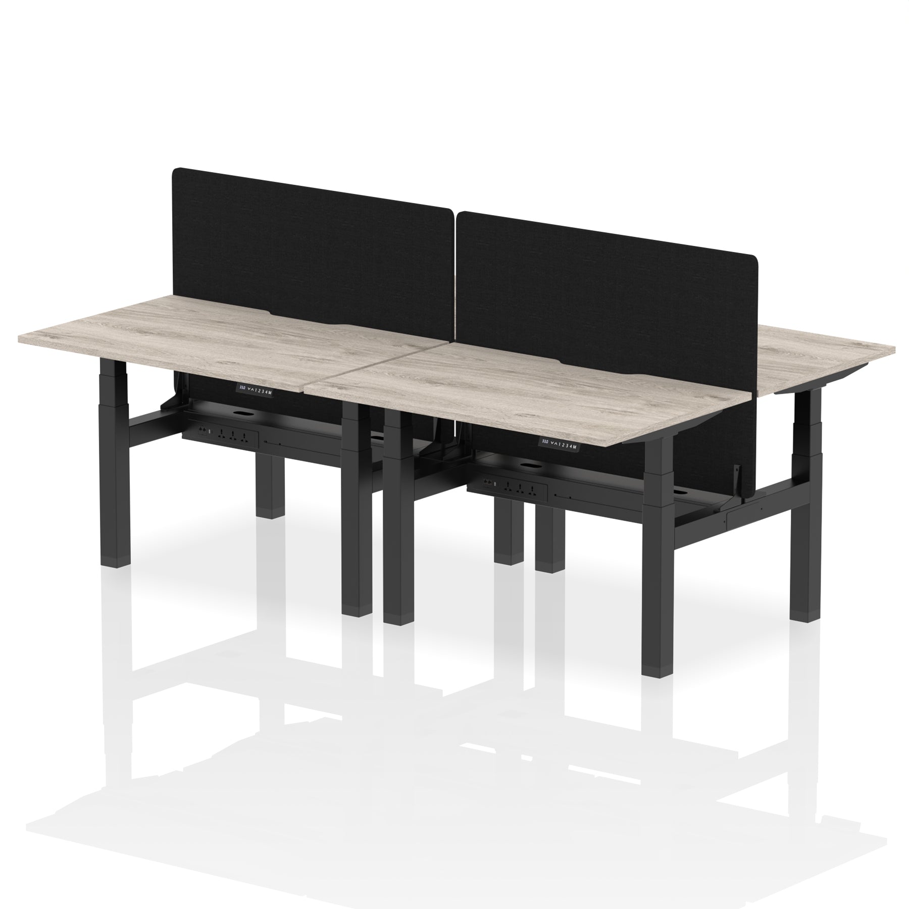 Air Back-to-Back curve Edge Height Adjustable Bench Desk - 4 Person Black Screen dynamic  Desk Top  Grey Oak Width 120cm