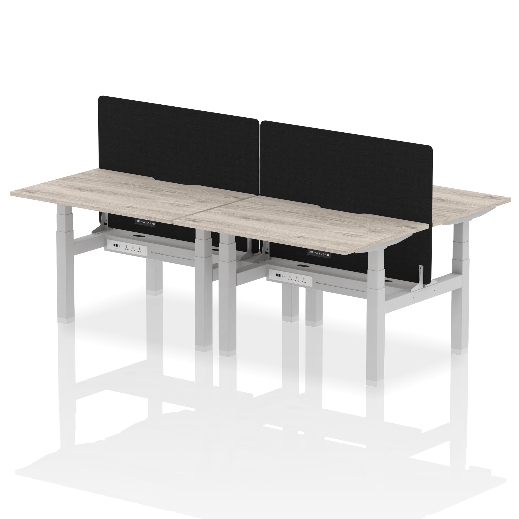 Air Back-to-Back curve Edge Height Adjustable Bench Desk - 4 Person Black Screen dynamic  Desk Top  Grey Oak Width 120cm