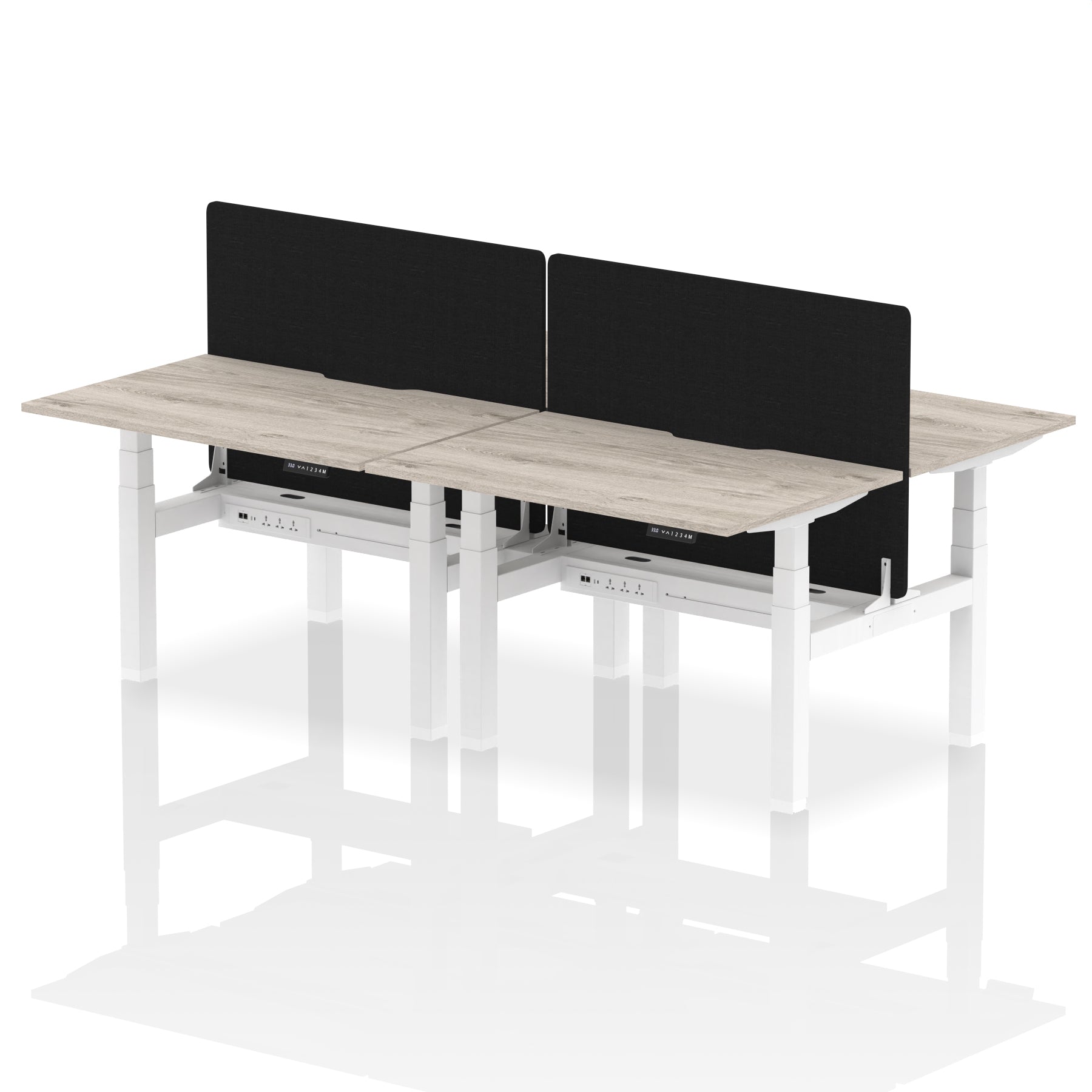 Air Back-to-Back curve Edge Height Adjustable Bench Desk - 4 Person Black Screen dynamic  Desk Top  Grey Oak Width 120cm