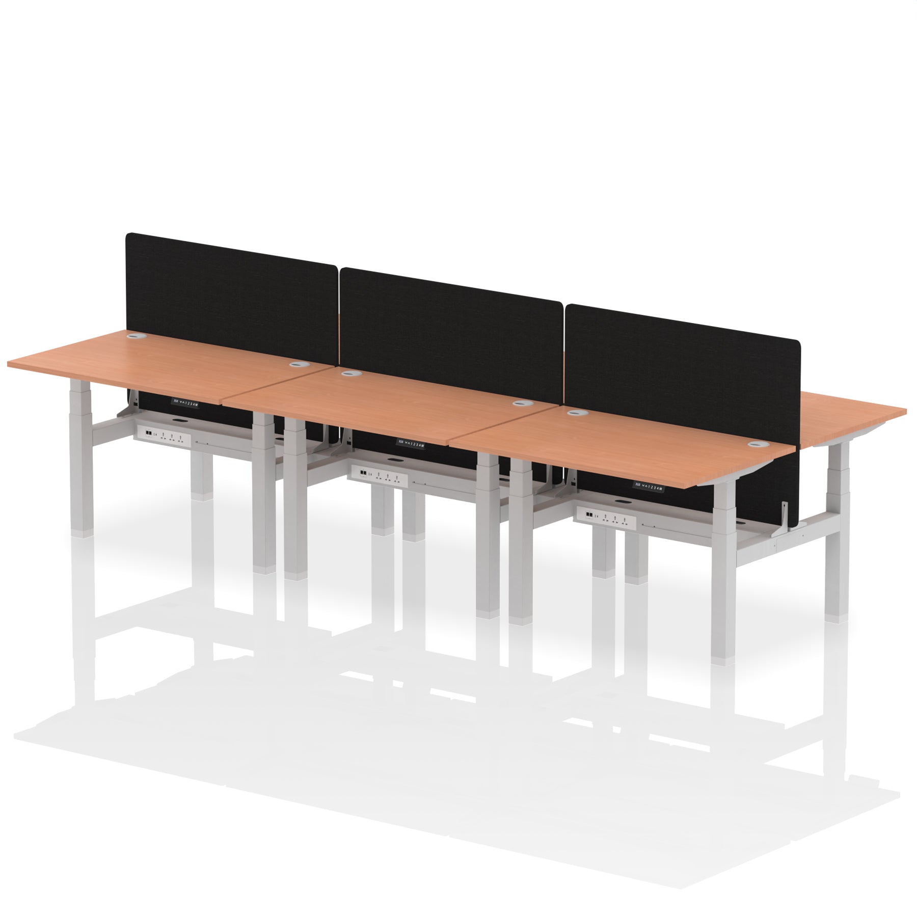 Air Back-to-Back Height Adjustable Bench Desk - 6 Person with Black Straight Screen dynamic  Desk Top  Beech Width 120cm