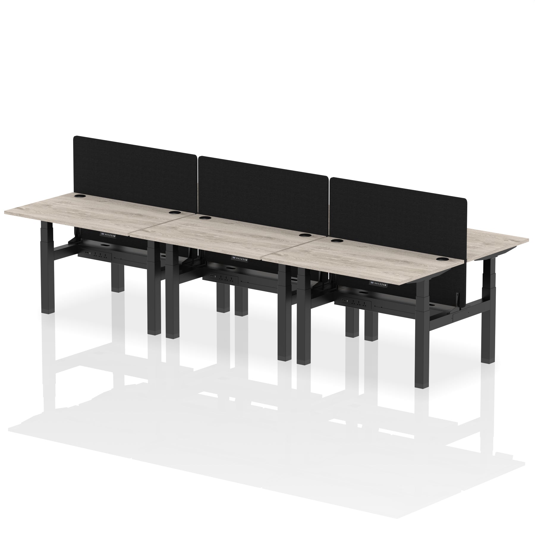 Air Back-to-Back Height Adjustable Bench Desk - 6 Person Black Screen dynamic  Desk Top  Grey Oak Width 120cm