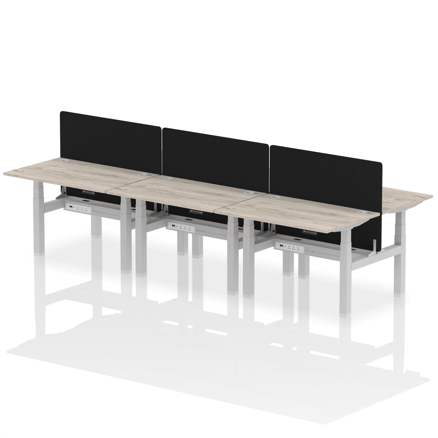 Air Back-to-Back Height Adjustable Bench Desk - 6 Person Black Screen dynamic  Desk Top  Grey Oak Width 120cm