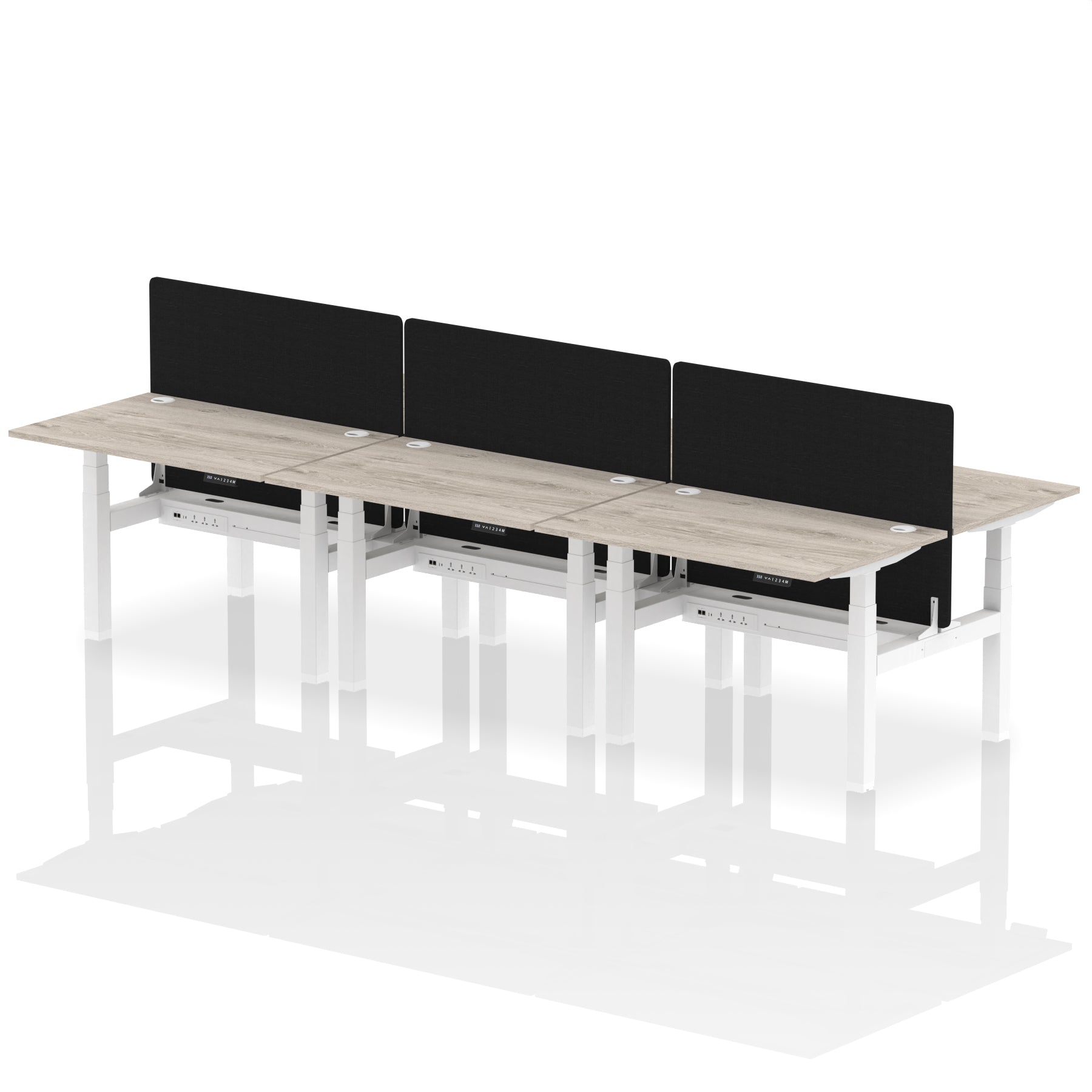 Air Back-to-Back Height Adjustable Bench Desk - 6 Person Black Screen dynamic  Desk Top  Grey Oak Width 120cm