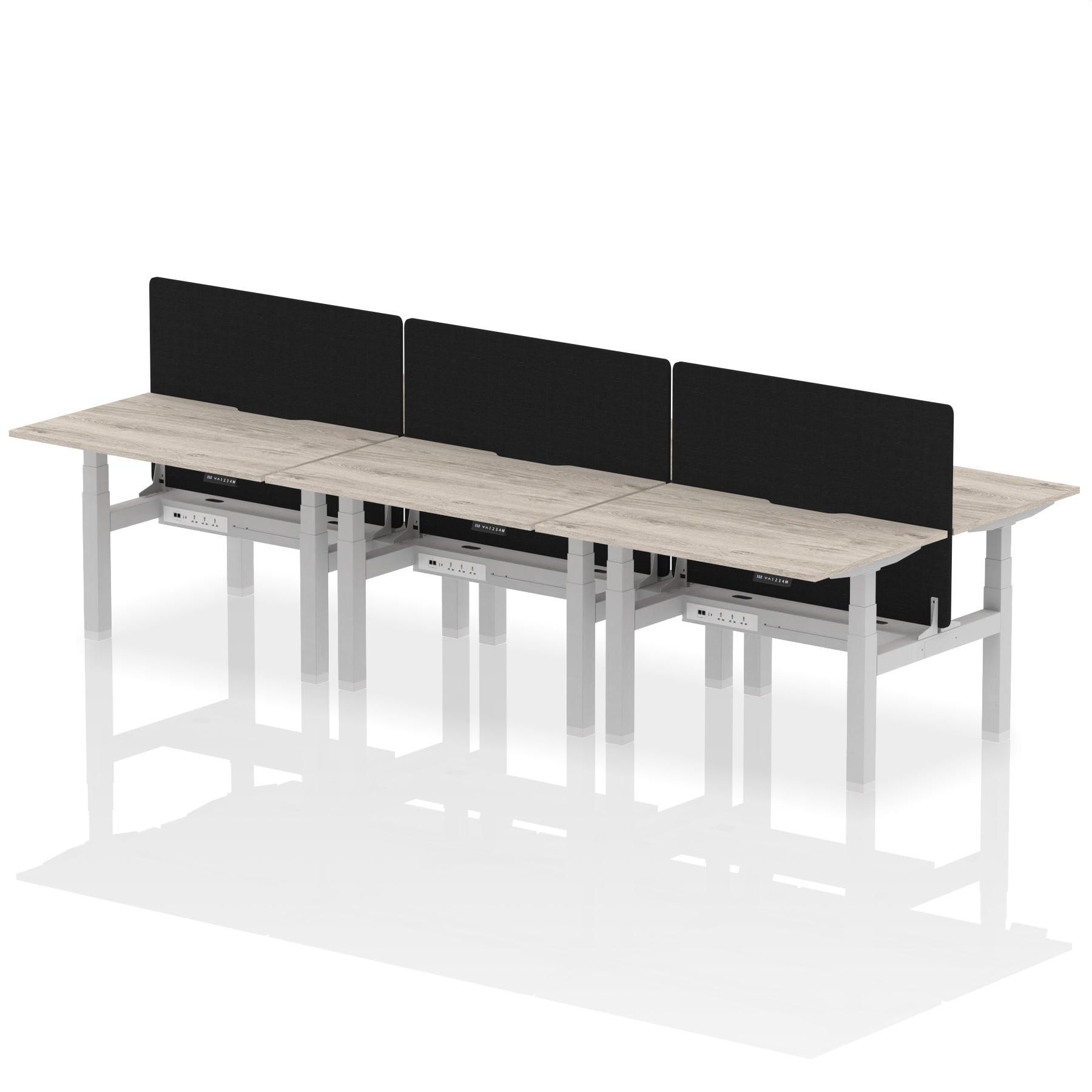 Air Back-to-Back curve Edge Height Adjustable Bench Desk - 6 Person Black Screen dynamic  Desk Top  Grey Oak Width 120cm