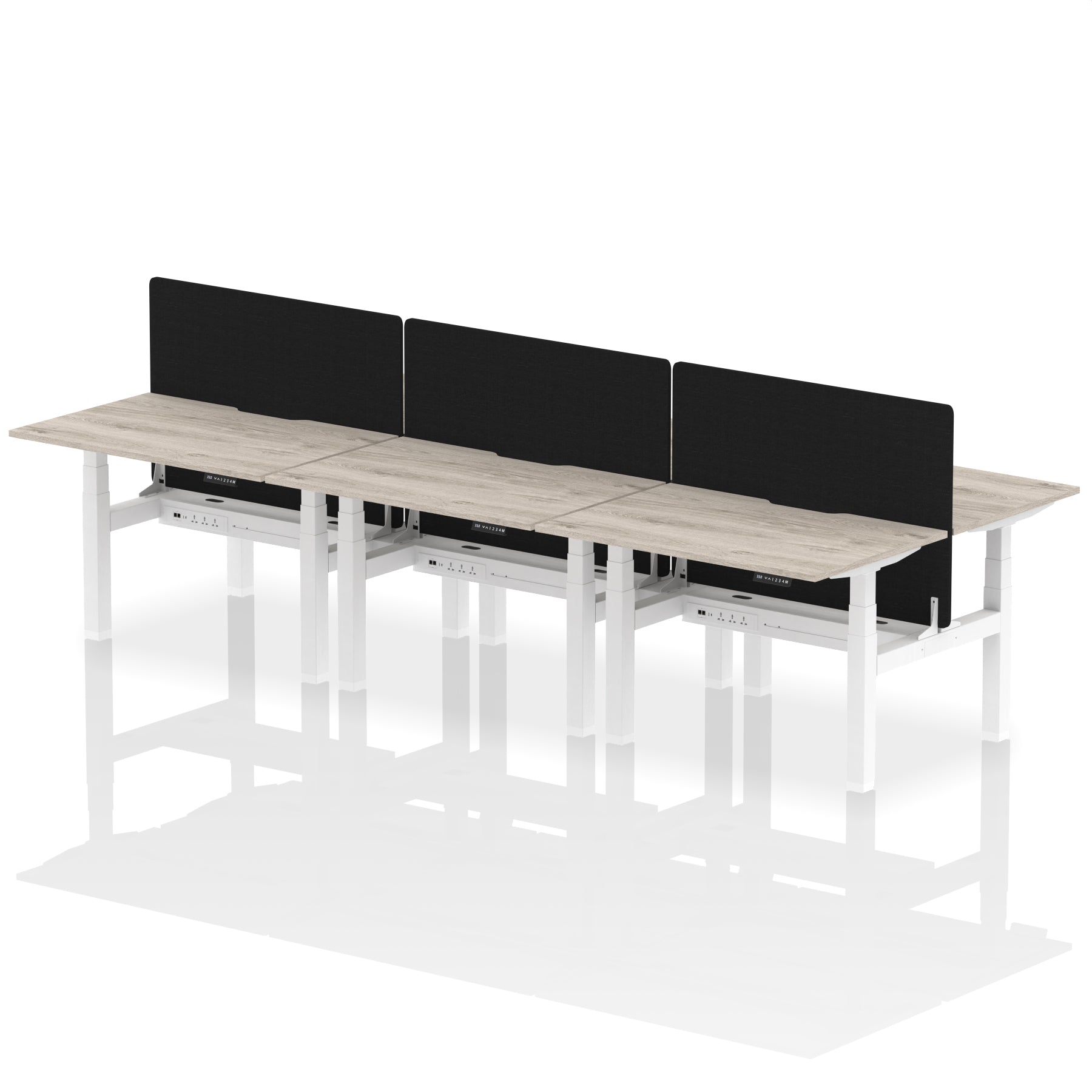 Air Back-to-Back curve Edge Height Adjustable Bench Desk - 6 Person Black Screen dynamic  Desk Top  Grey Oak Width 120cm