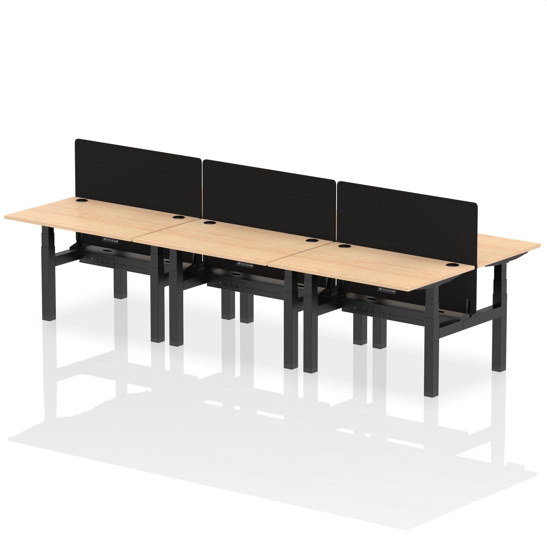 Air Back-to-Back Height Adjustable Bench Desk - 6 Person with Black Straight Screen dynamic  Desk Top  Maple Width 120cm