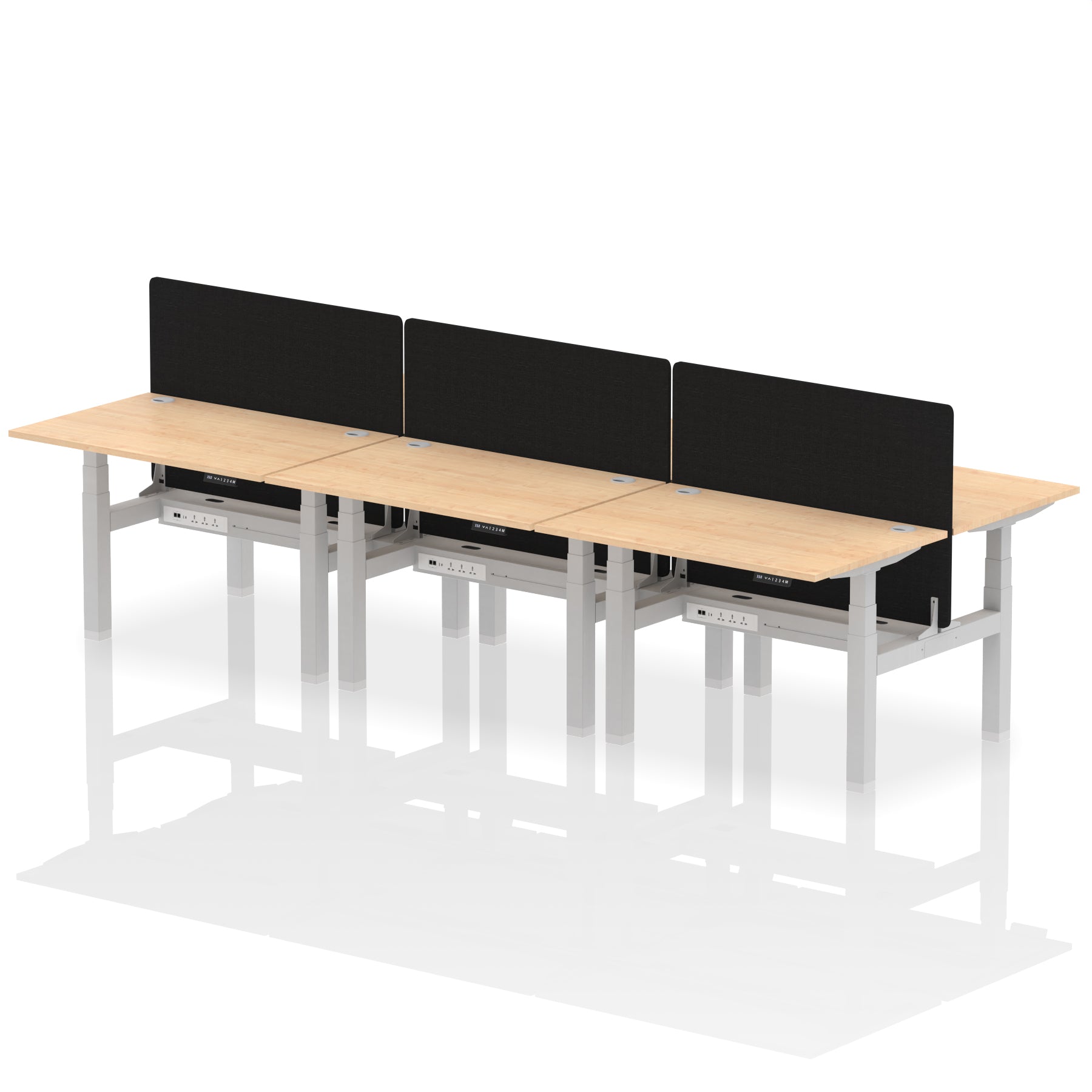 Air Back-to-Back Height Adjustable Bench Desk - 6 Person with Black Straight Screen dynamic  Desk Top  Maple Width 120cm