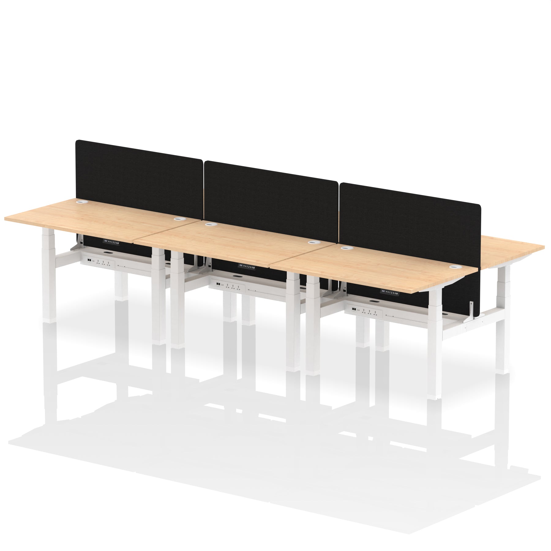 Air Back-to-Back Height Adjustable Bench Desk - 6 Person with Black Straight Screen dynamic  Desk Top  Maple Width 120cm