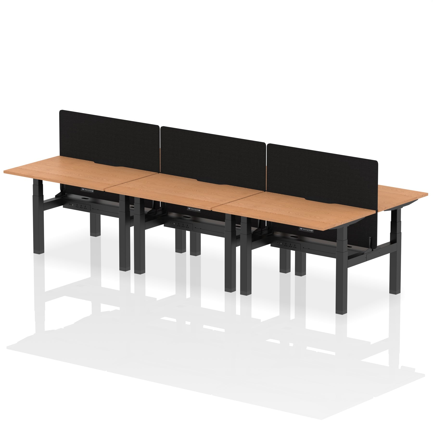 Air Back-to-Back curve Edge Height Adjustable Bench Desk - 6 Person Black Screen dynamic  Desk Top  Oak Width 120cm