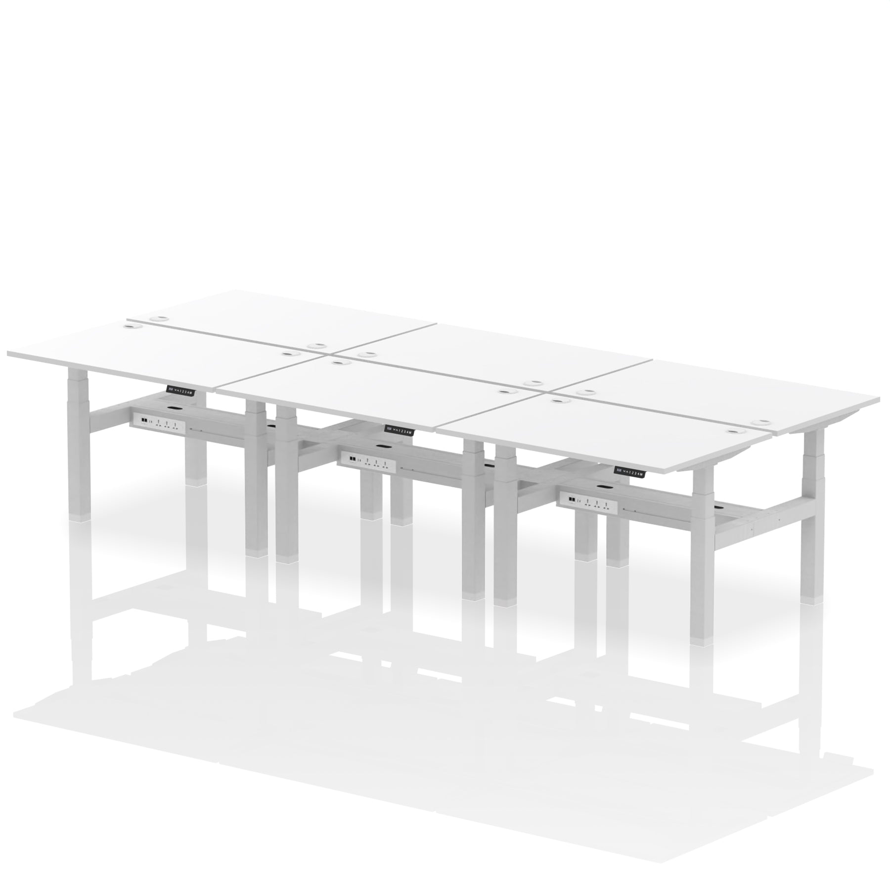 Air Back-to-Back Height Adjustable Bench Desk - 6 Person dynamic  Grey Oak Silver Frame