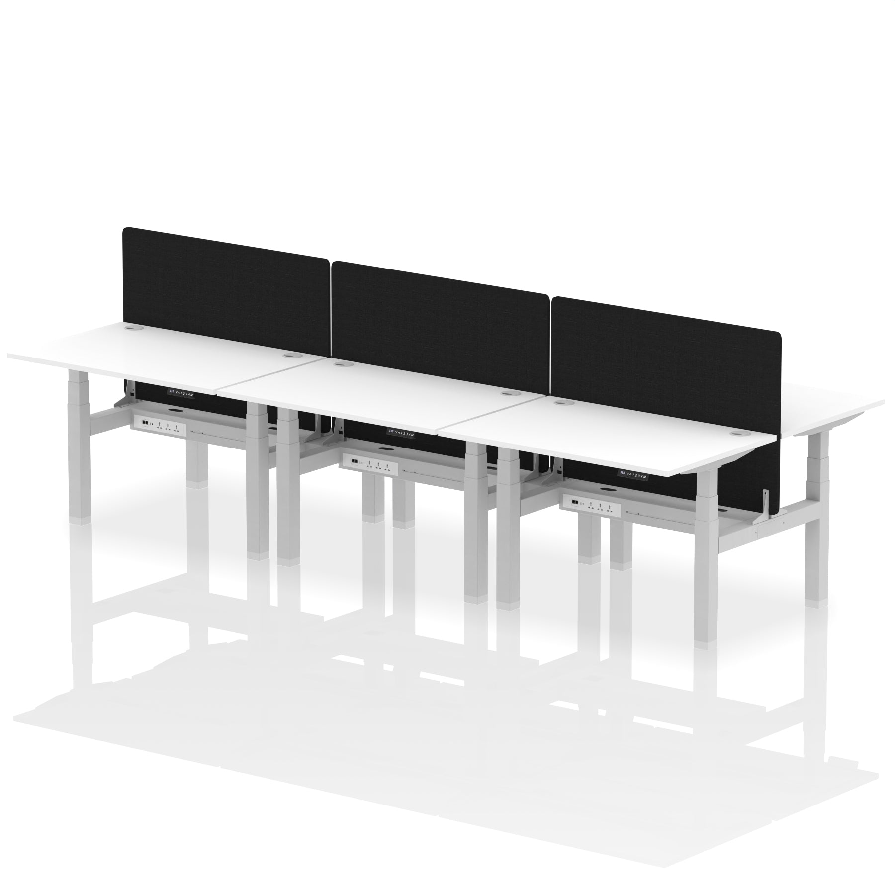 Air Back-to-Back Height Adjustable Bench Desk - 6 Person with Black Straight Screen dynamic  Desk Top  White Width 120cm