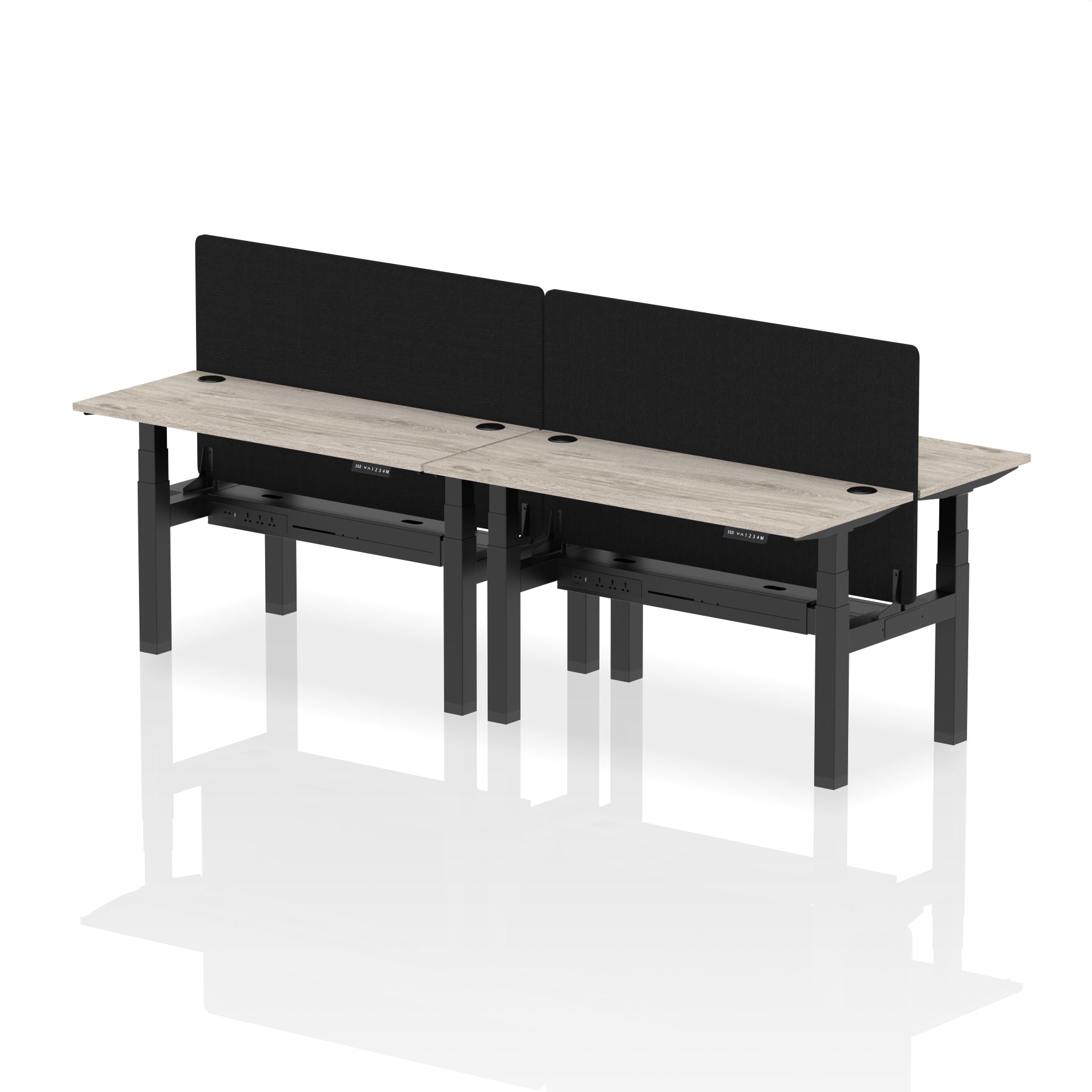 Air Back-to-Back Height Adjustable Bench Desk - 4 Person Black Screen dynamic  Desk Top  Grey Oak Width 140cm