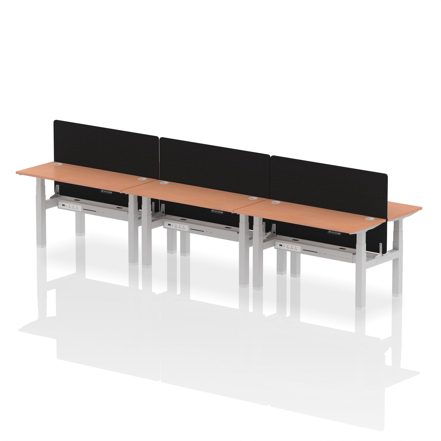 Air Back-to-Back Height Adjustable Bench Desk - 6 Person Black Screen dynamic  Desk Top  Beech Width 140cm
