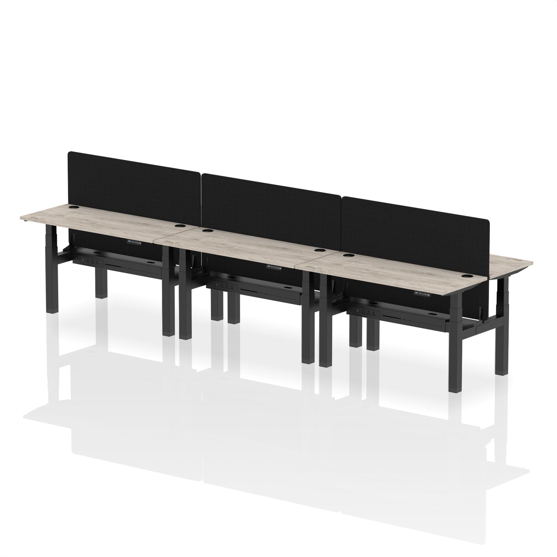Air Back-to-Back Height Adjustable Bench Desk - 6 Person Black Screen dynamic  Desk Top  Grey Oak Width 140cm