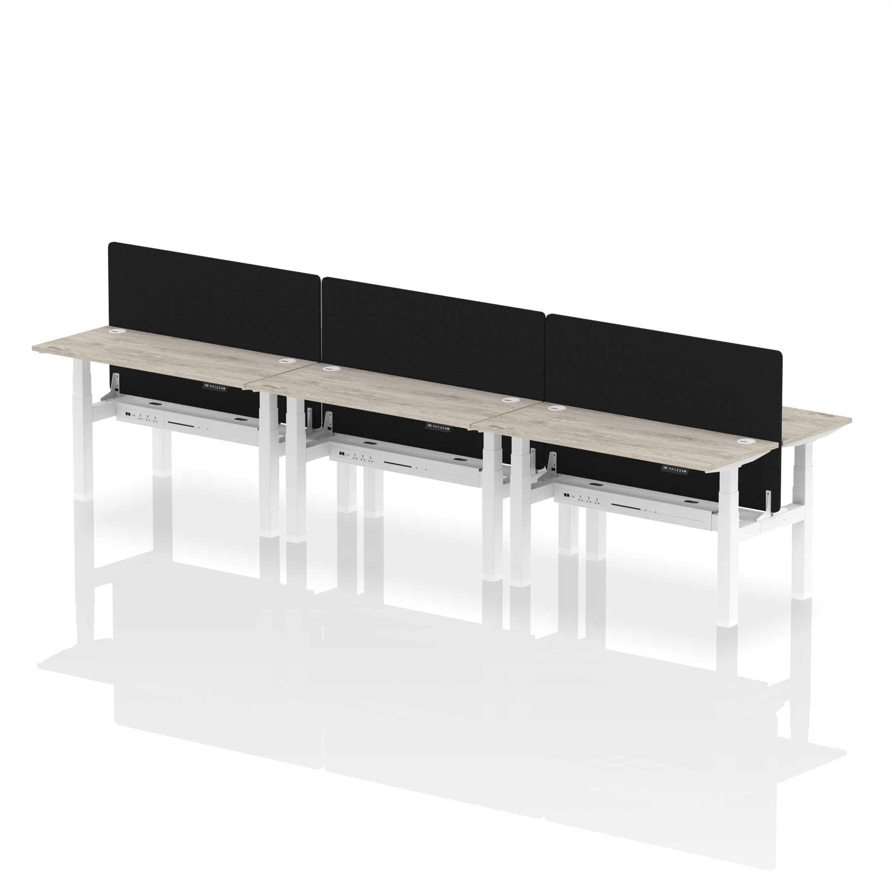 Air Back-to-Back Height Adjustable Bench Desk - 6 Person Black Screen dynamic  Desk Top  Grey Oak Width 140cm