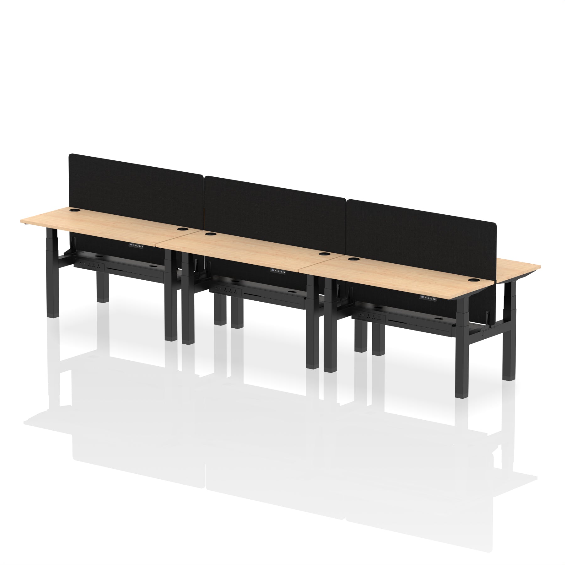 Air Back-to-Back Height Adjustable Bench Desk - 6 Person Black Screen dynamic  Desk Top  Maple Width 140cm