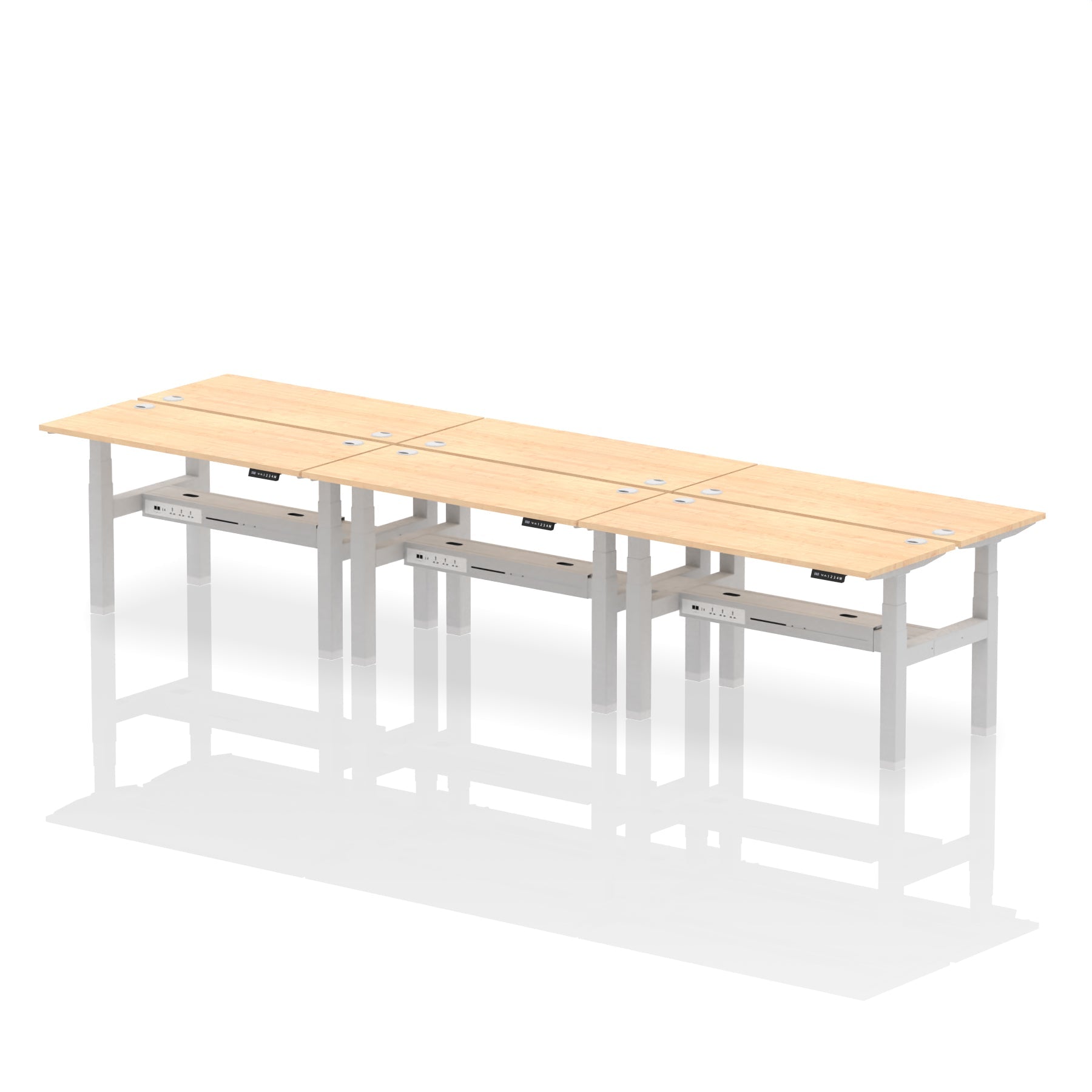 Air Back-to-Back Slimline Height Adjustable Bench Desk - 6 Person dynamic  Desk Top  Maple Width 140cm