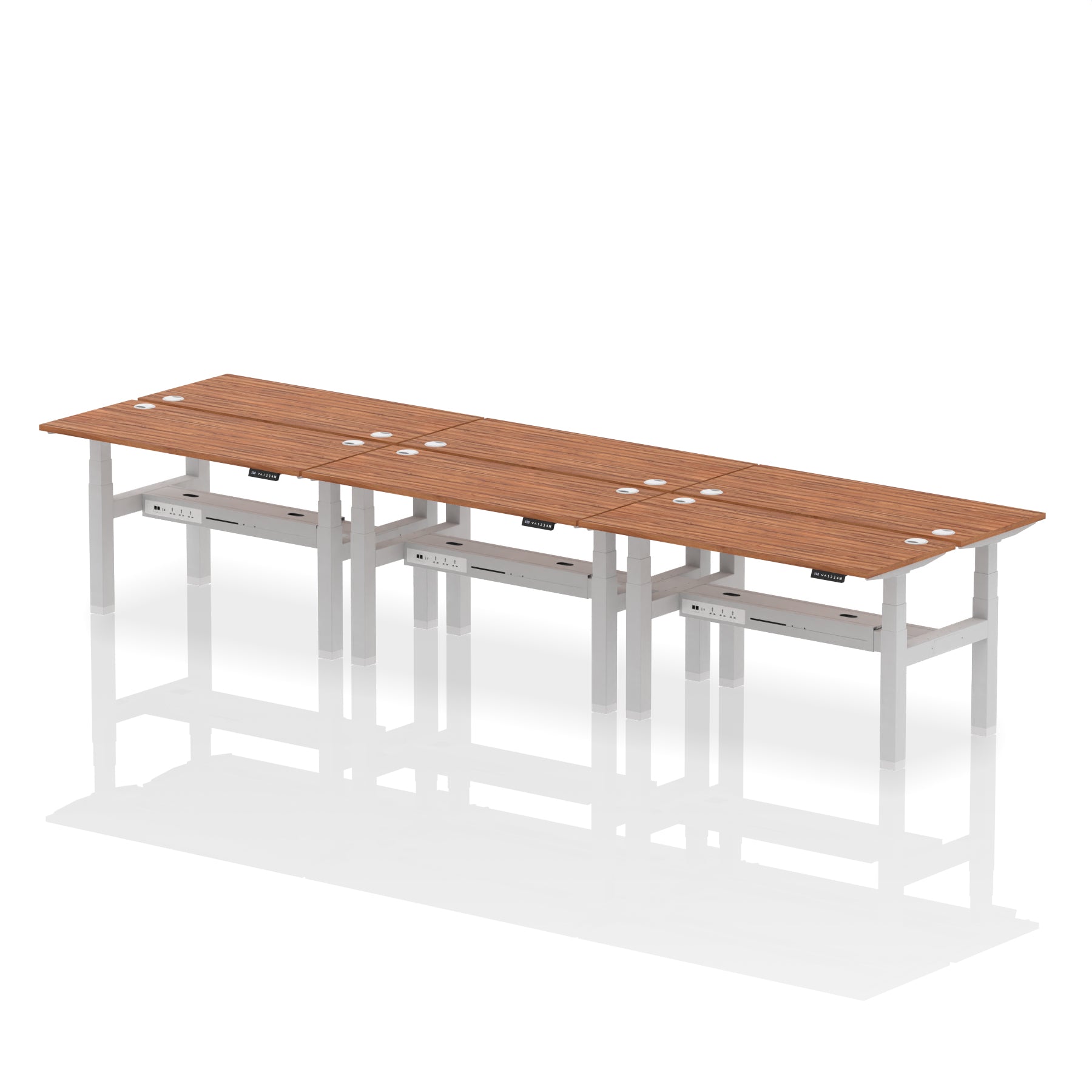 Air Back-to-Back Slimline Height Adjustable Bench Desk - 6 Person dynamic  Desk Top  Walnut Width 140cm