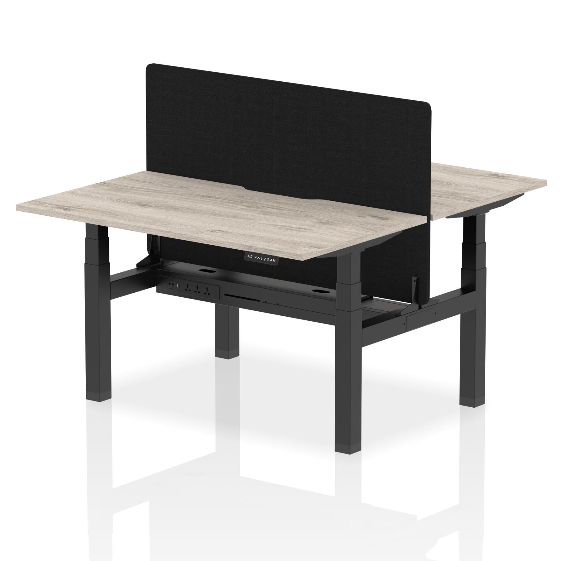 Air Back-to-Back curve Edge Height Adjustable Bench Desk - 2 Person Black Screen dynamic  Desk Top  Grey Oak Width 140cm