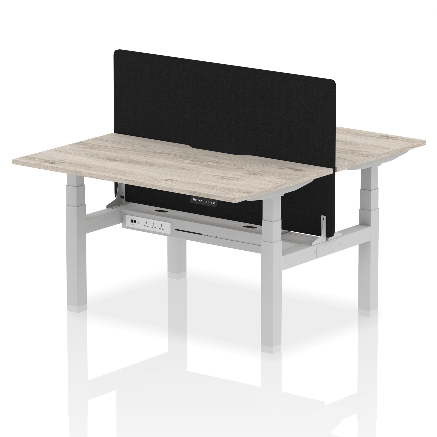 Air Back-to-Back curve Edge Height Adjustable Bench Desk - 2 Person Black Screen dynamic  Desk Top  Grey Oak Width 140cm
