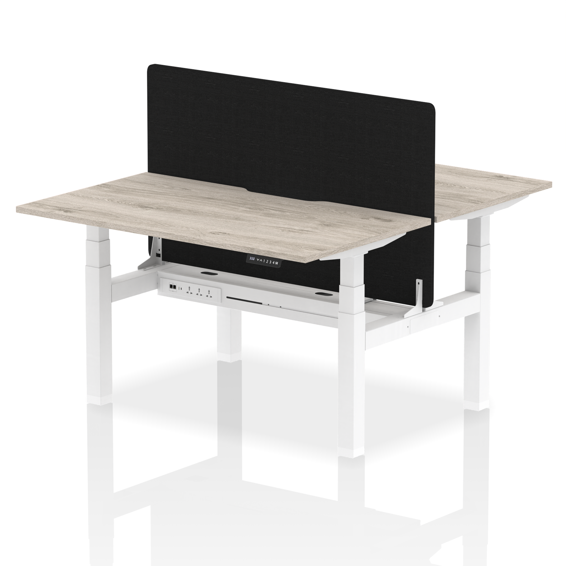 Air Back-to-Back curve Edge Height Adjustable Bench Desk - 2 Person Black Screen dynamic  Desk Top  Grey Oak Width 140cm