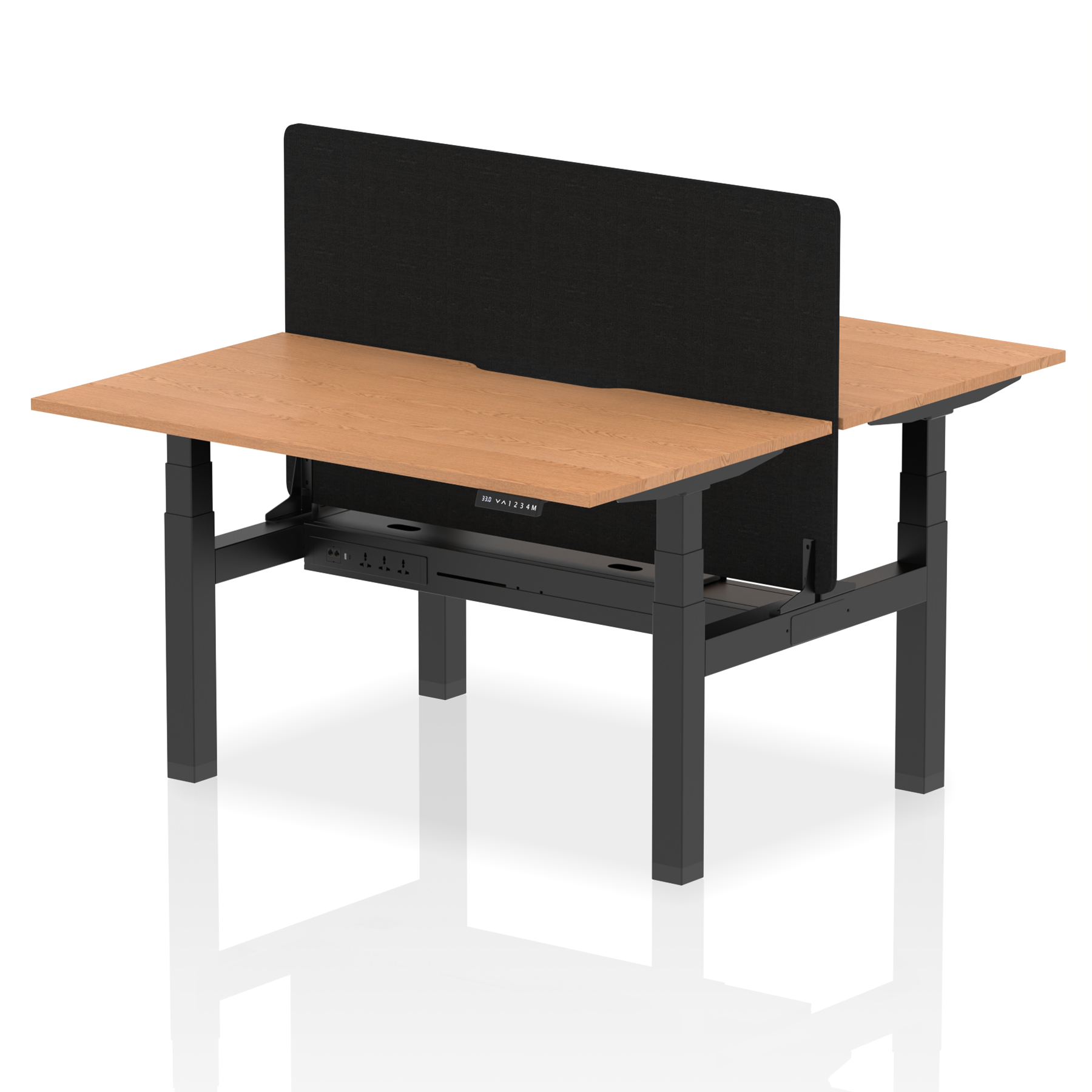 Air Back-to-Back curve Edge Height Adjustable Bench Desk - 2 Person Black Screen dynamic  Desk Top  Oak Width 140cm