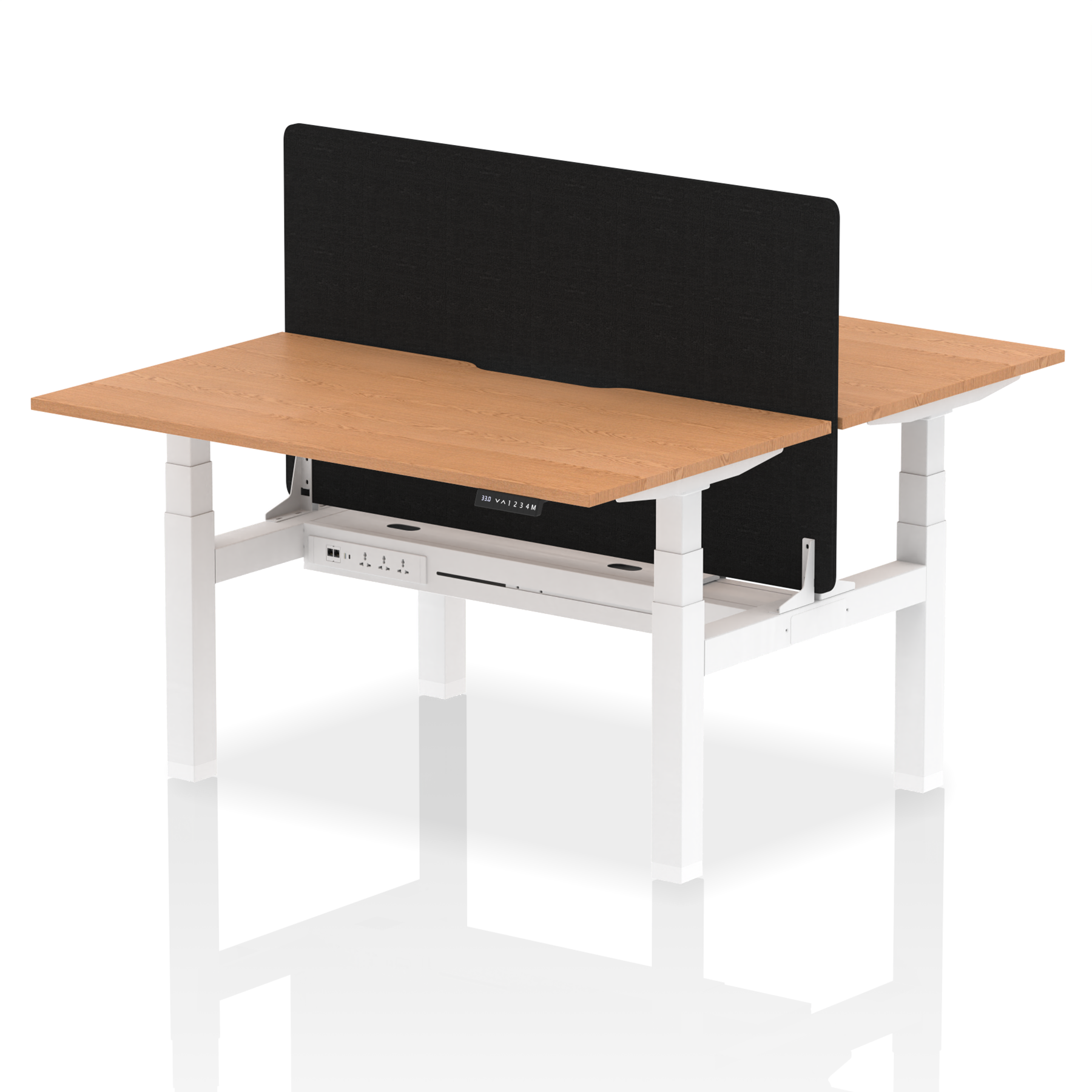 Air Back-to-Back curve Edge Height Adjustable Bench Desk - 2 Person Black Screen dynamic  Desk Top  Oak Width 140cm