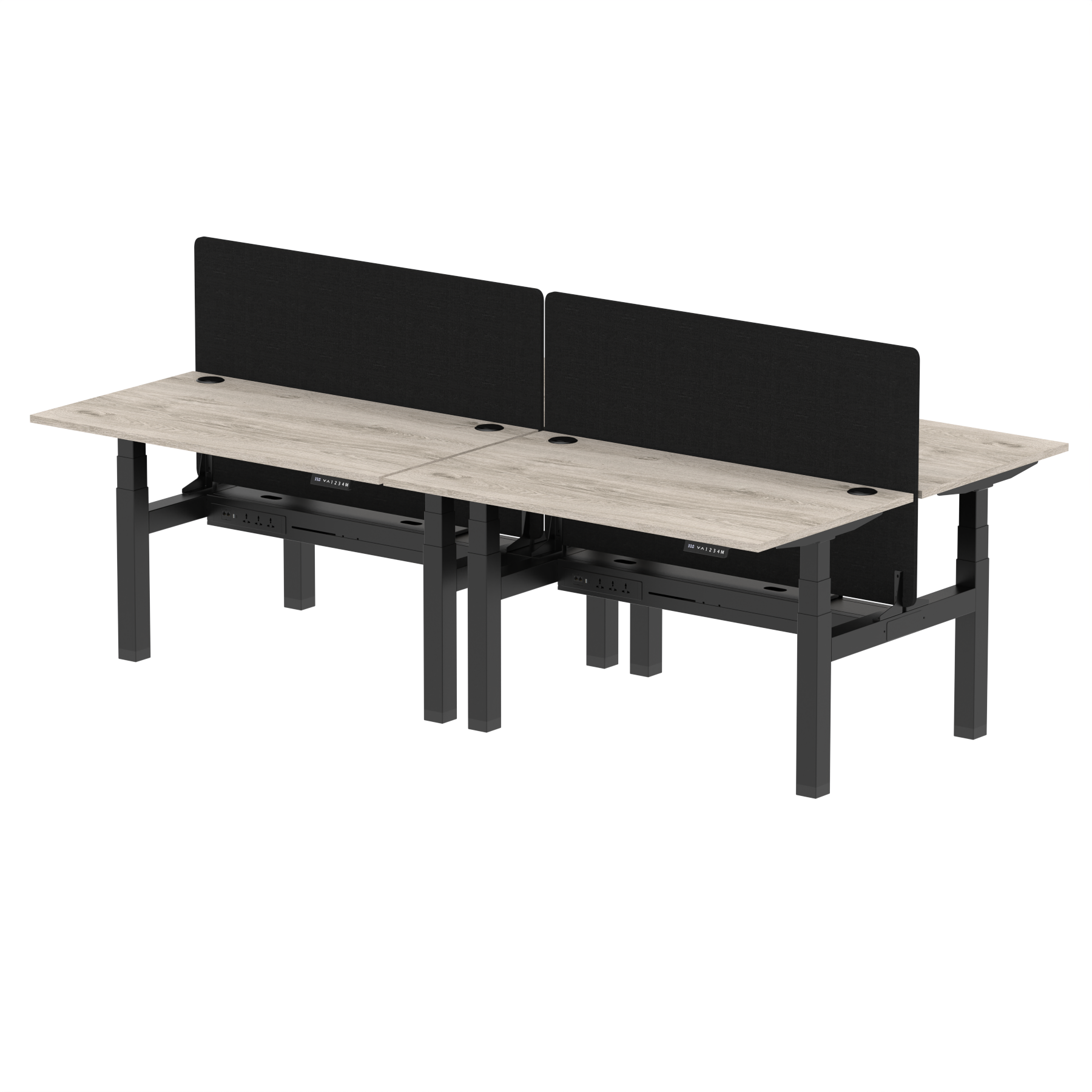 Air Back-to-Back Height Adjustable Bench Desk - 4 Person Black Screen dynamic  Desk Top  Grey Oak Width 140cm