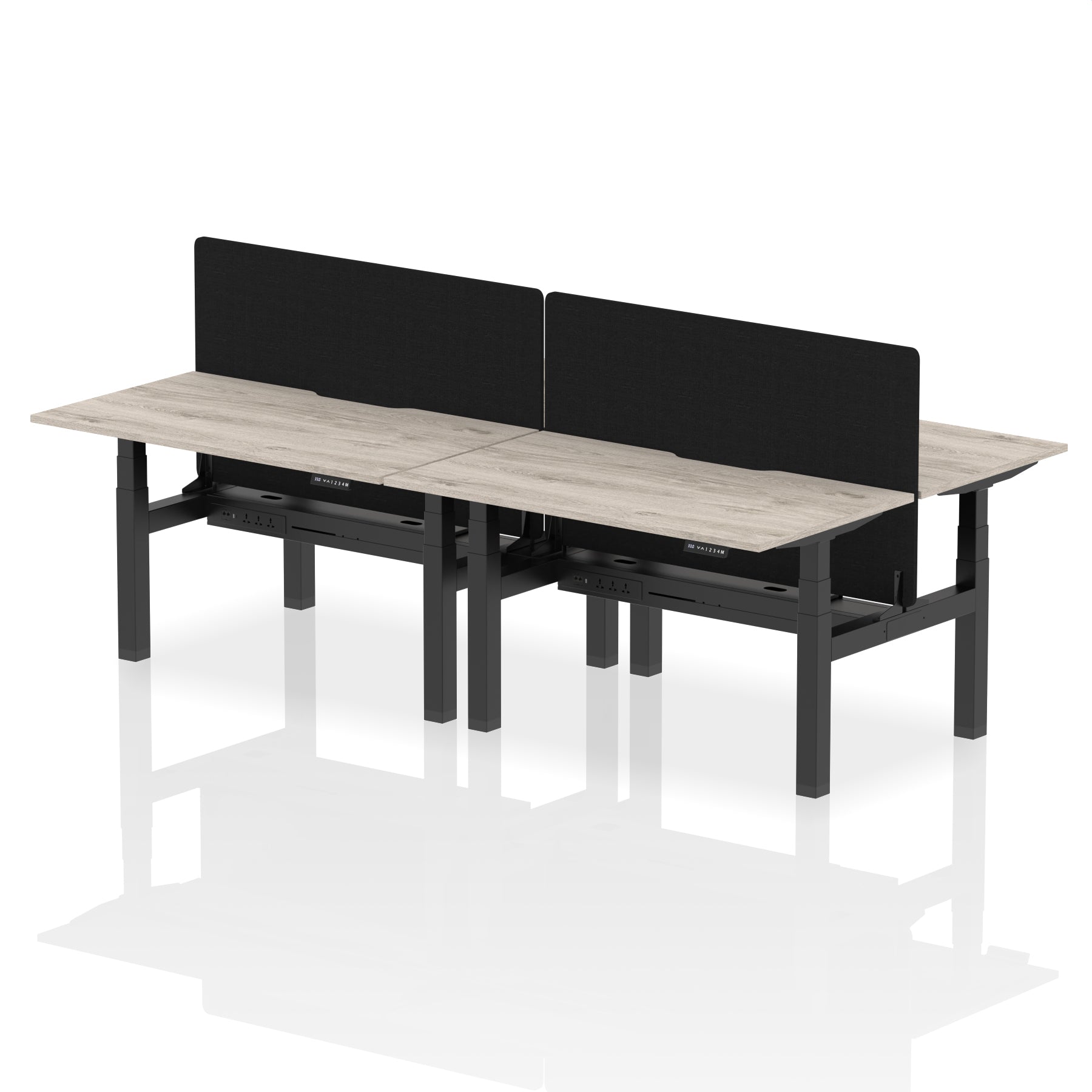 Air Back-to-Back curve Edge Height Adjustable Bench Desk - 4 Person Black Screen dynamic  Desk Top  Grey Oak Width 140cm