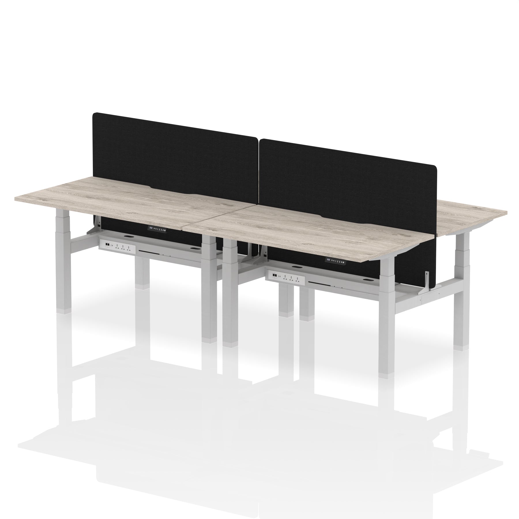 Air Back-to-Back curve Edge Height Adjustable Bench Desk - 4 Person Black Screen dynamic  Desk Top  Grey Oak Width 140cm